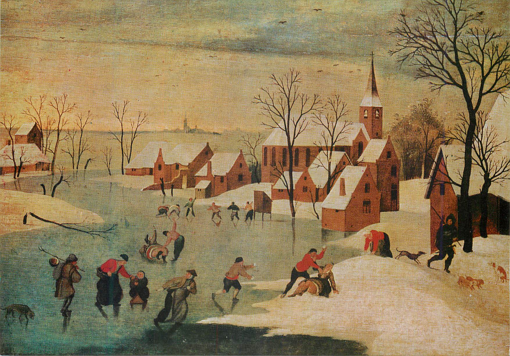 Scène de glisse sur un lac gelé — peinture de Pieter Bruegel l'Ancien — reproduction sur carte postale