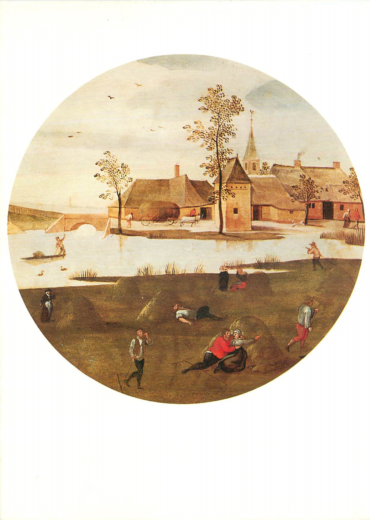 Scène de village fluvial — peinture circulaire — éditeur inconnu