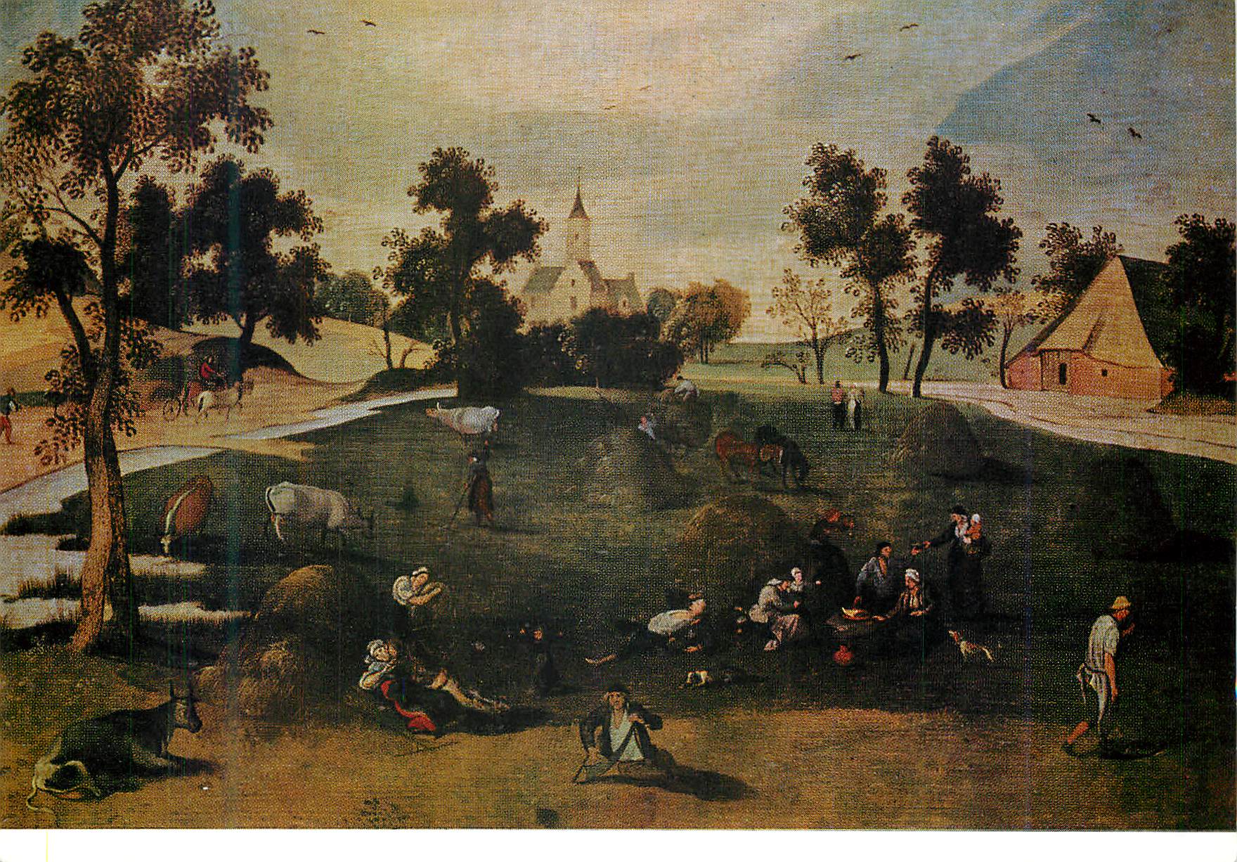 Scène de campagne avec village — peinture à l'huile — éditeur et n° de série non lisibles
