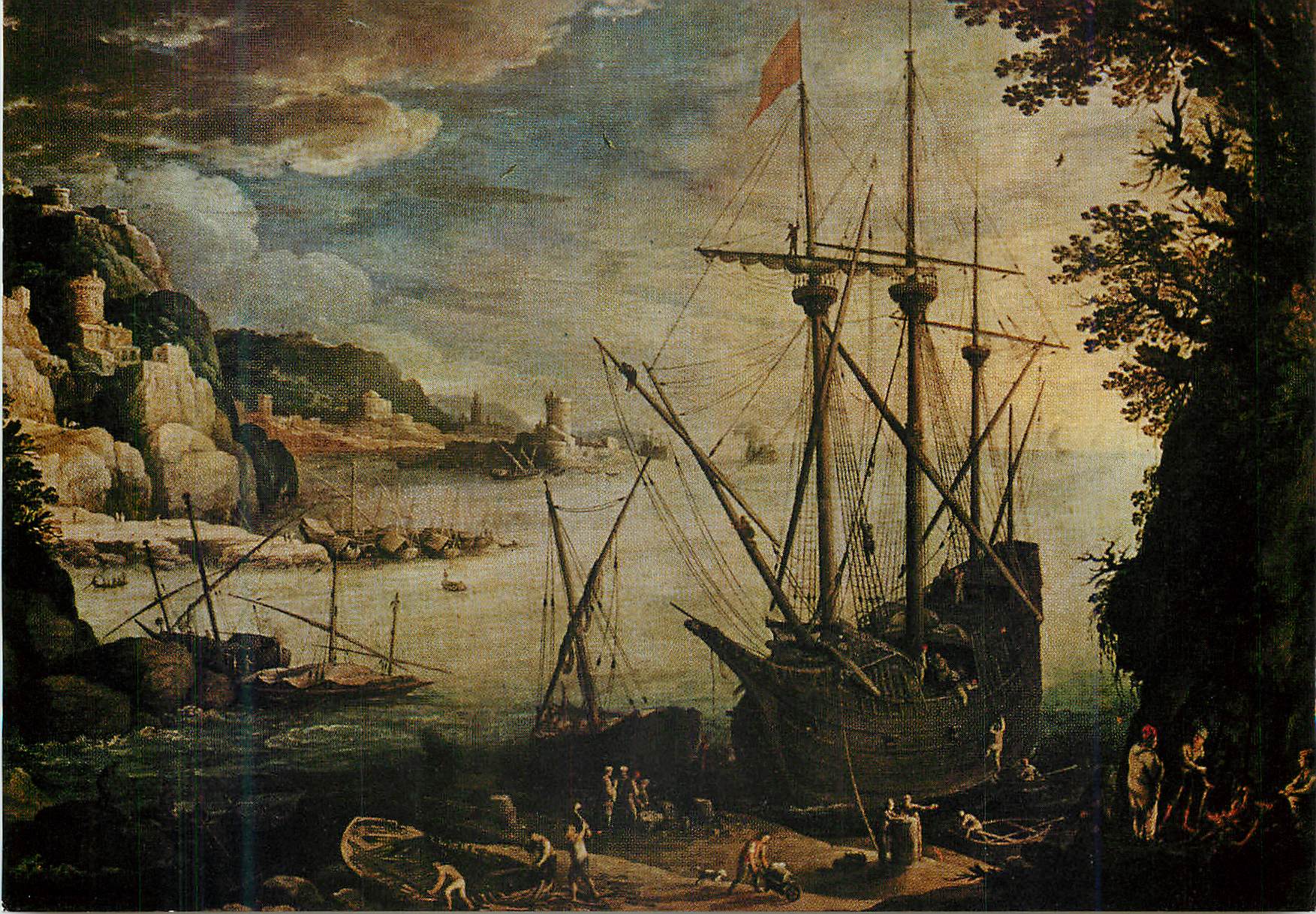 Port de mer avec navire à voiles — vue de port — éditeur inconnu, n° de série non lisible