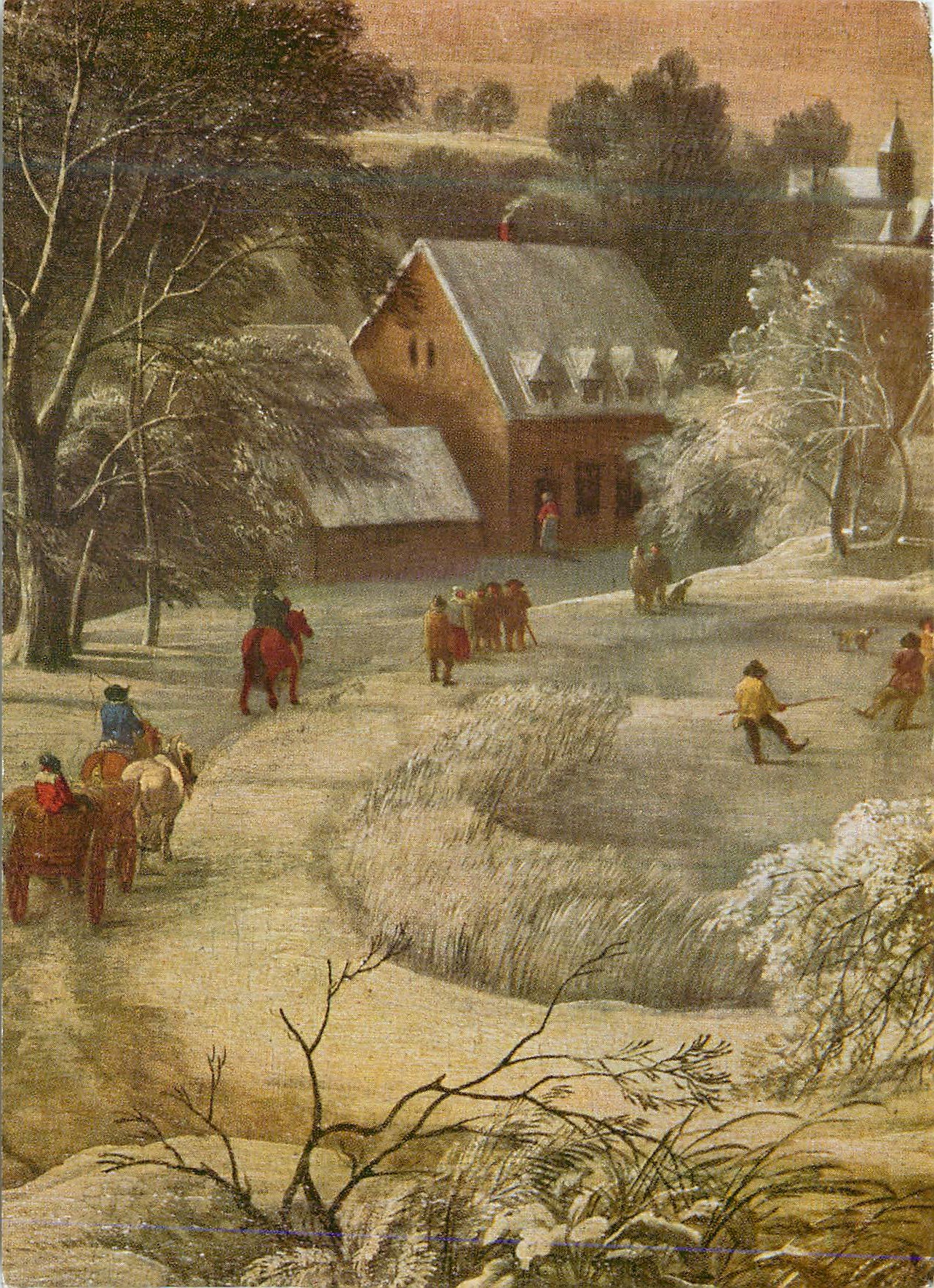 Scène hivernale — village enneigé avec cavaliers et char à boeufs — éditeur non visible