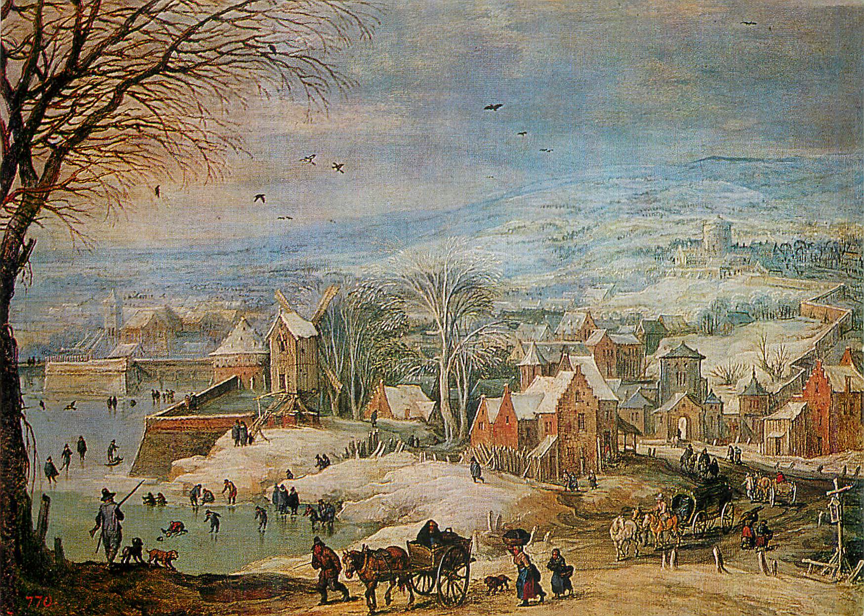 Vue d'hiver sur un paysage urbain — peinture à l'huile — n° 770 visible en bas à gauche