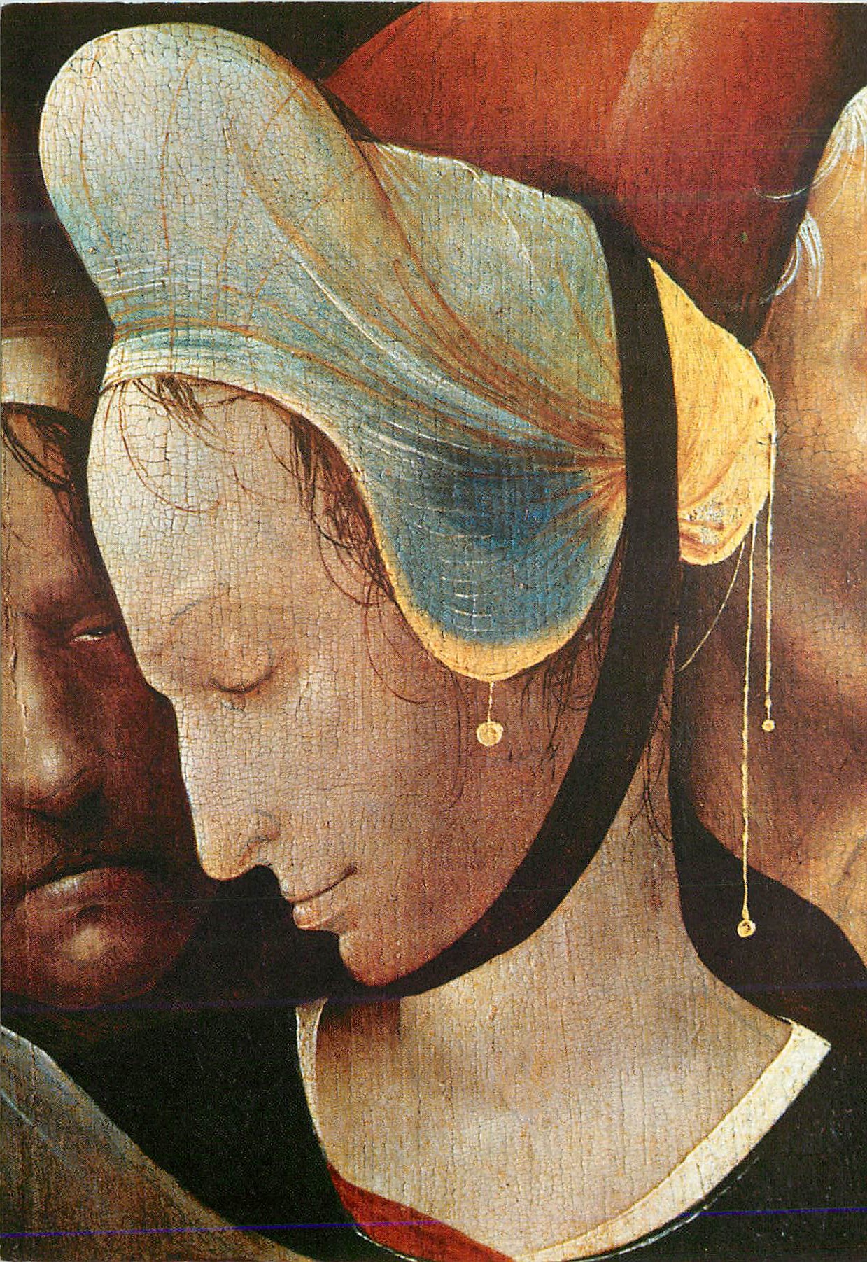 Femme en coiffe bleue — détail d'un tableau — éditeur et n° de série non lisibles
