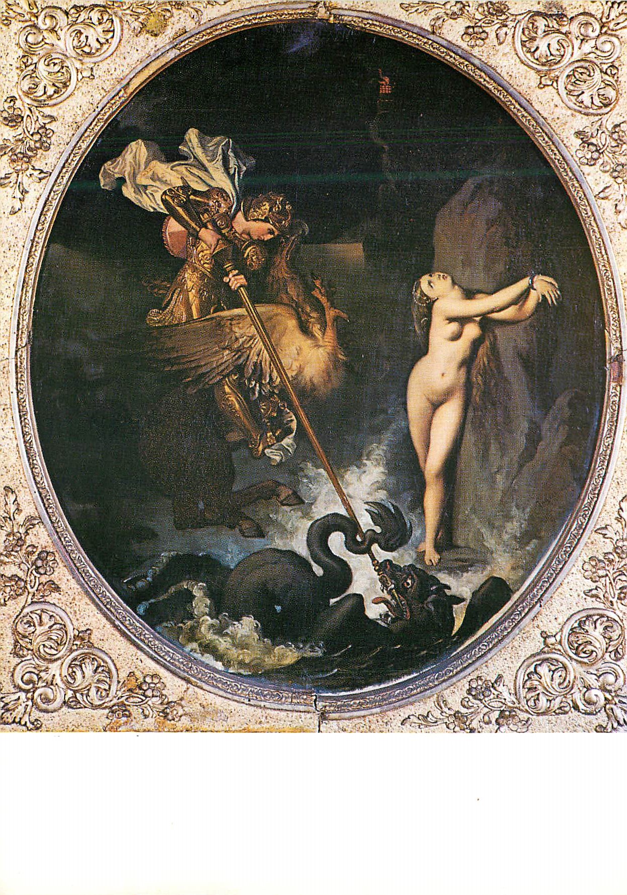 Saint Michel terrassant le démon — peinture encadrée — éditeur inconnu, n° de série non lisible