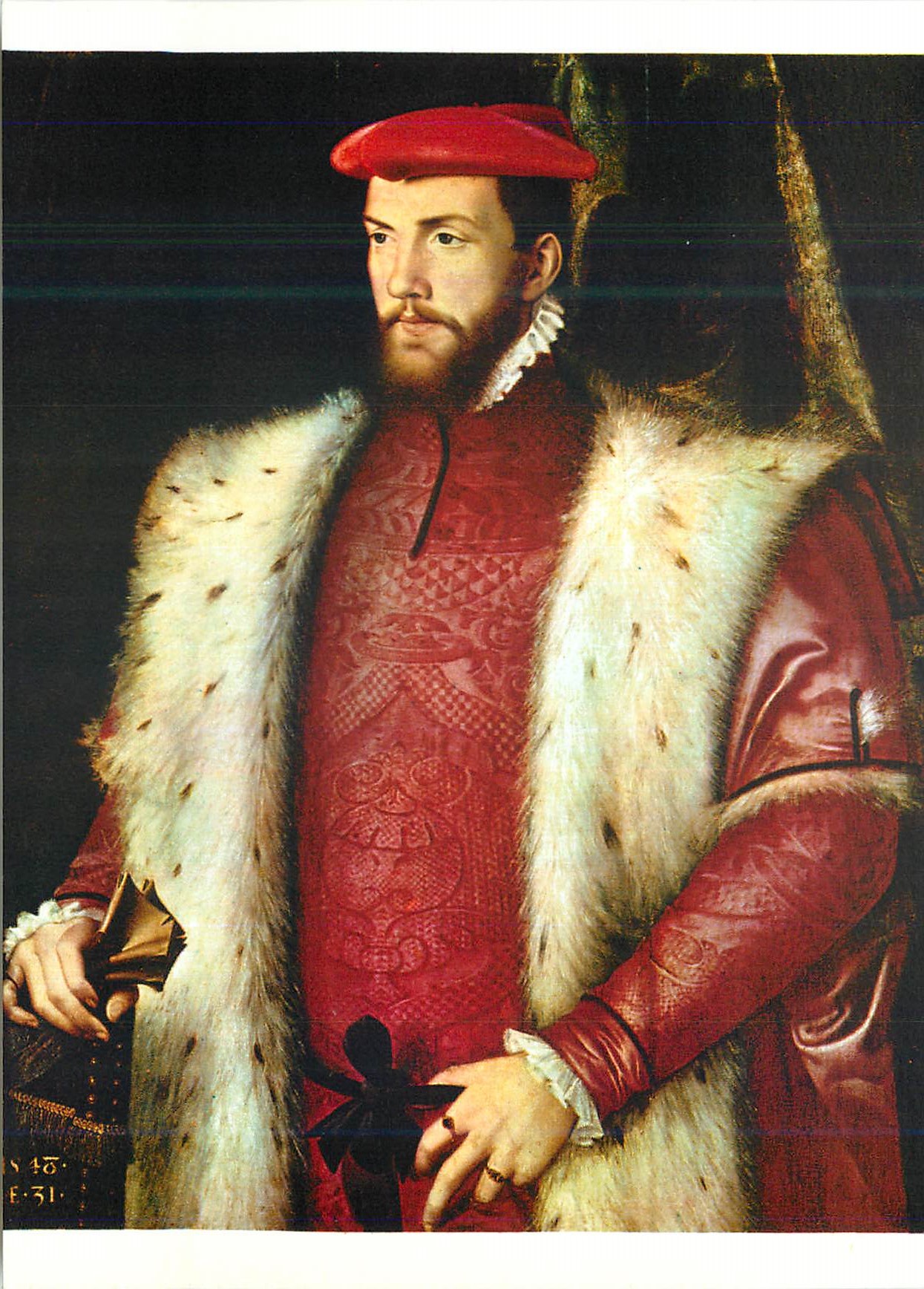 Portrait d'un homme en costume rouge et fourrure blanche — éditeur inconnu, n° de série non lisible