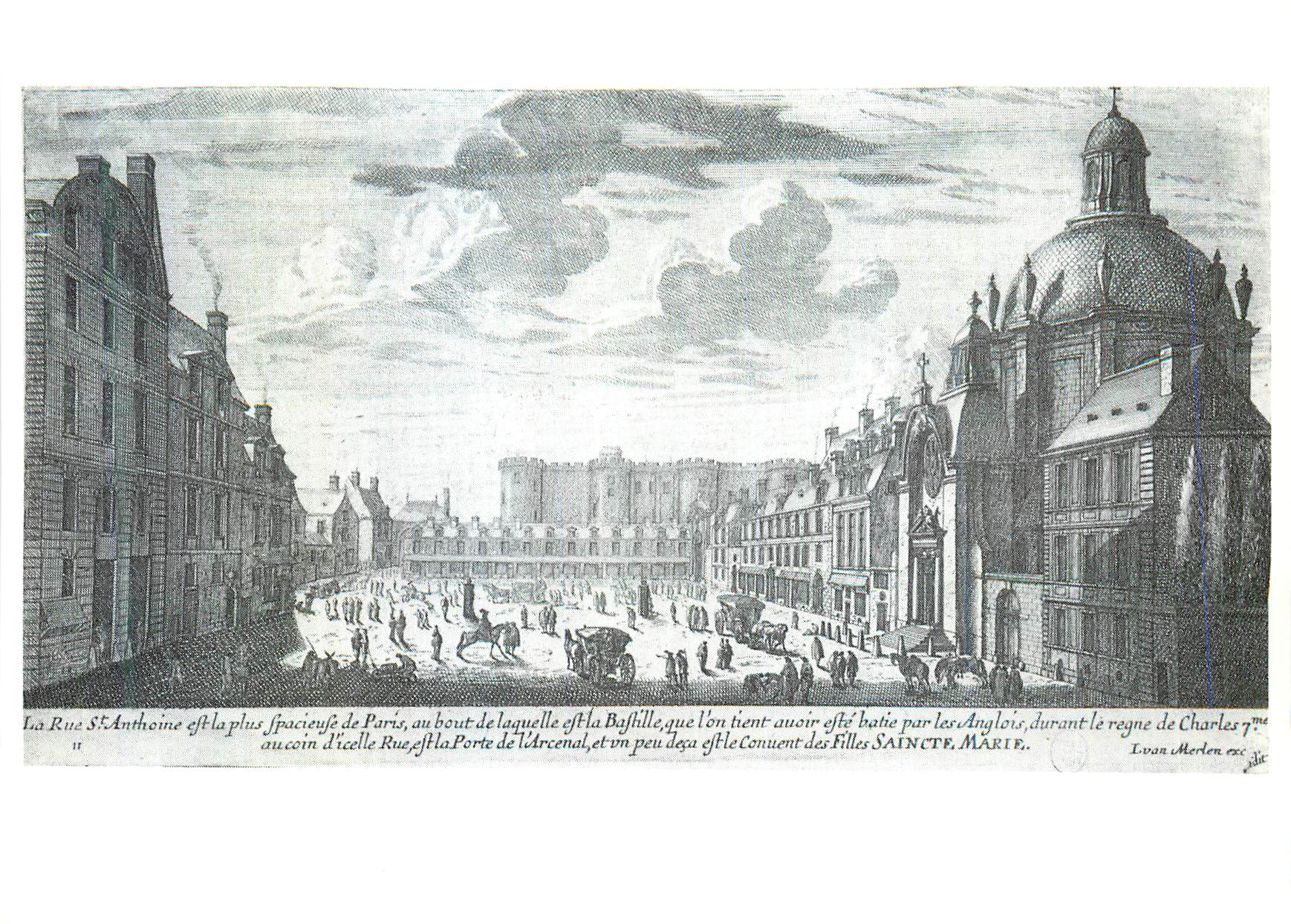 Rue Saint-Antoine à Paris — vue avec la porte de l’Arsenal et le couvent des Filles-Sainte-Marie — gravure de Evan Merlen