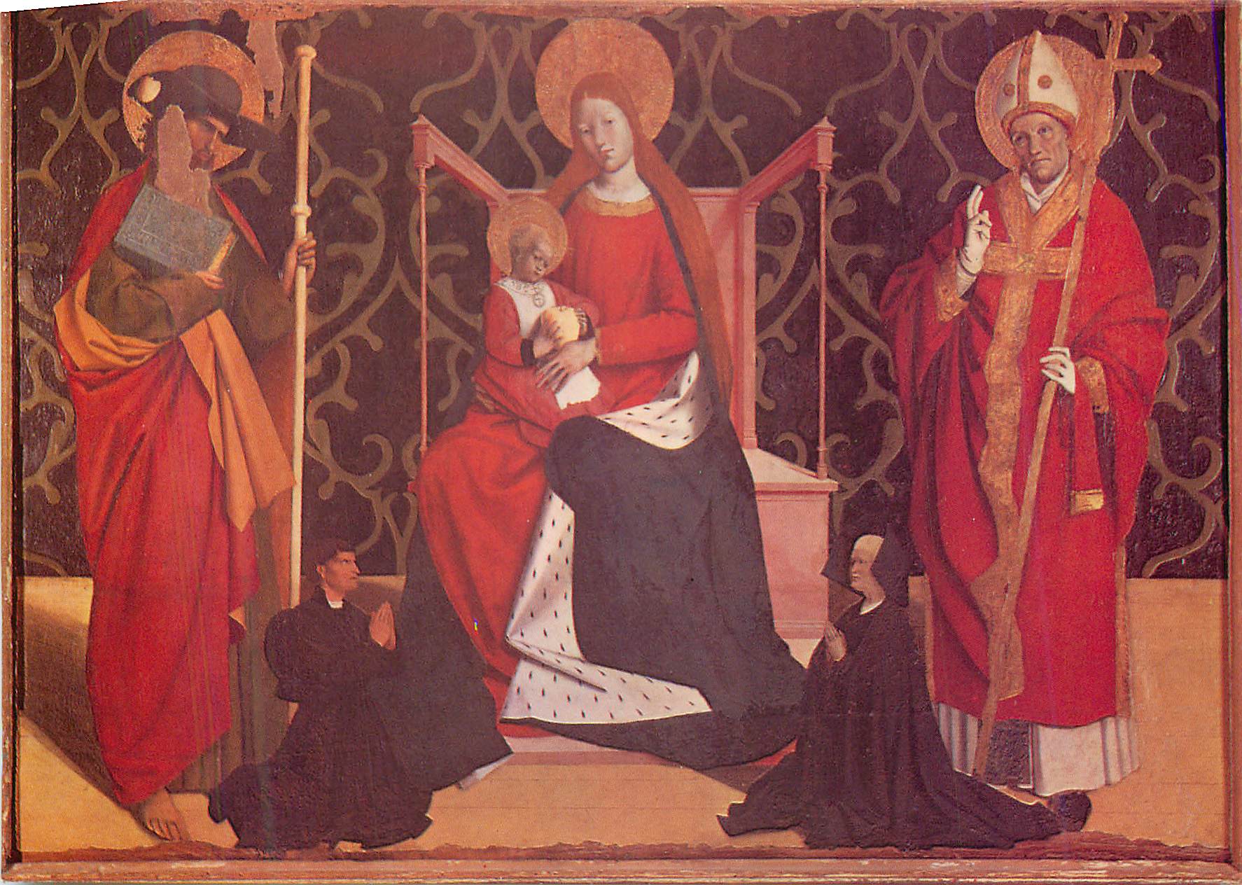 Vierge à l'Enfant entourée de saints — peinture religieuse — éditeur et n° de série non lisibles