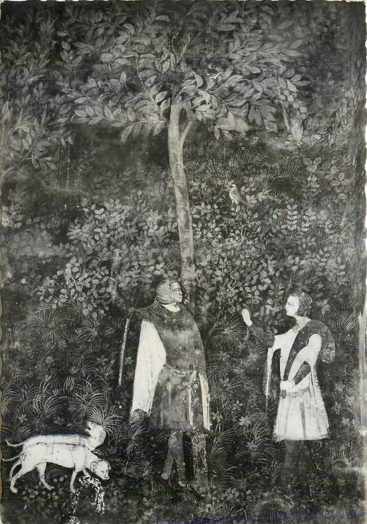 Scène de forêt — deux personnages et un chien — éditeur inconnu