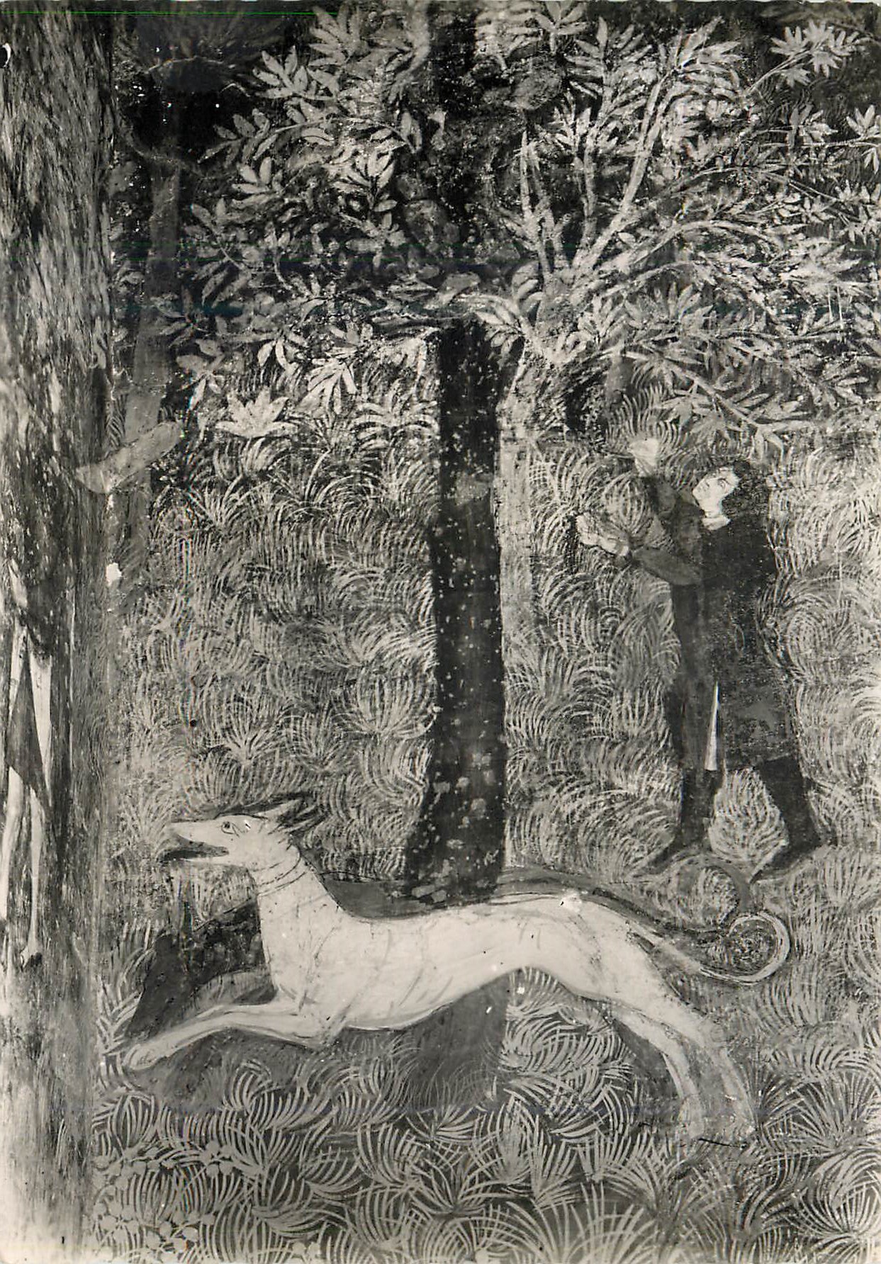 Chasseur et chien dans la forêt — reproduction d'une peinture murale — éditeur inconnu