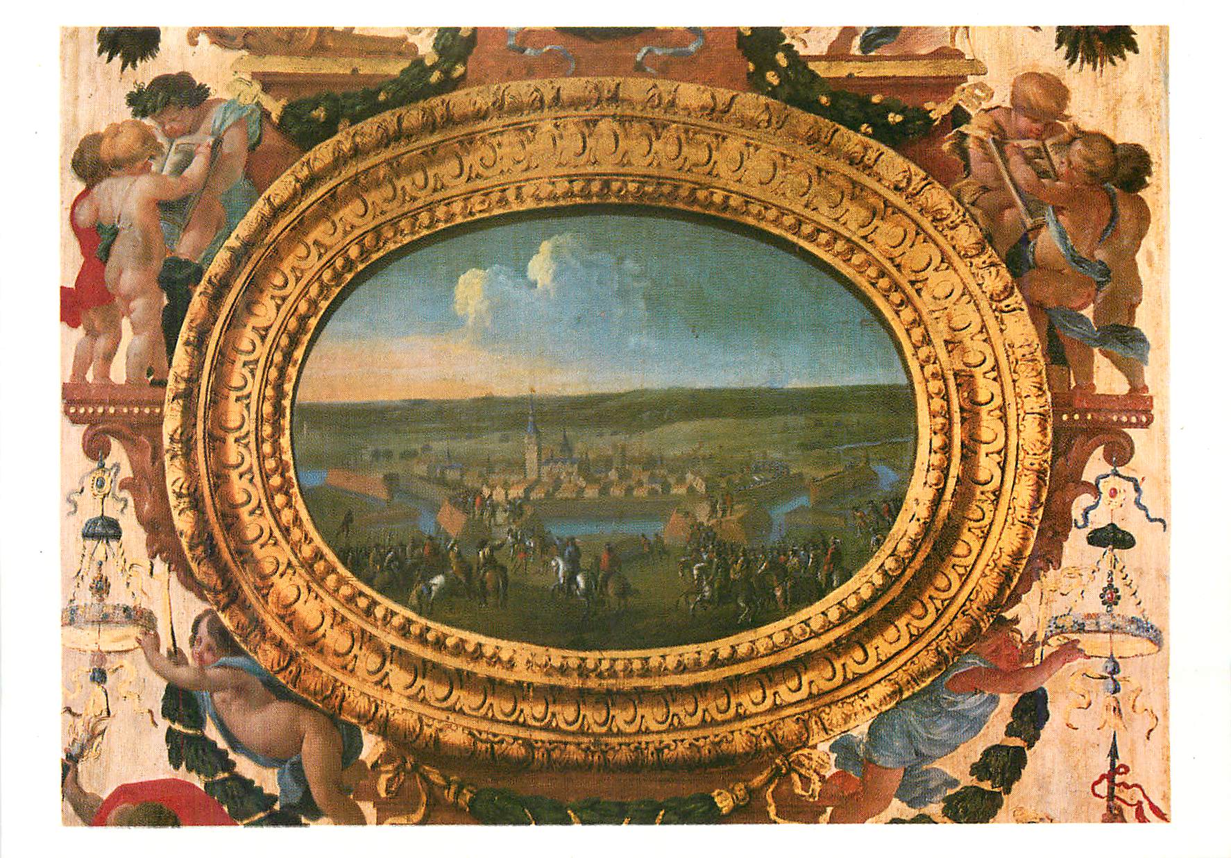 Vue de ville avec bataille — décor de plafond — éditeur inconnu