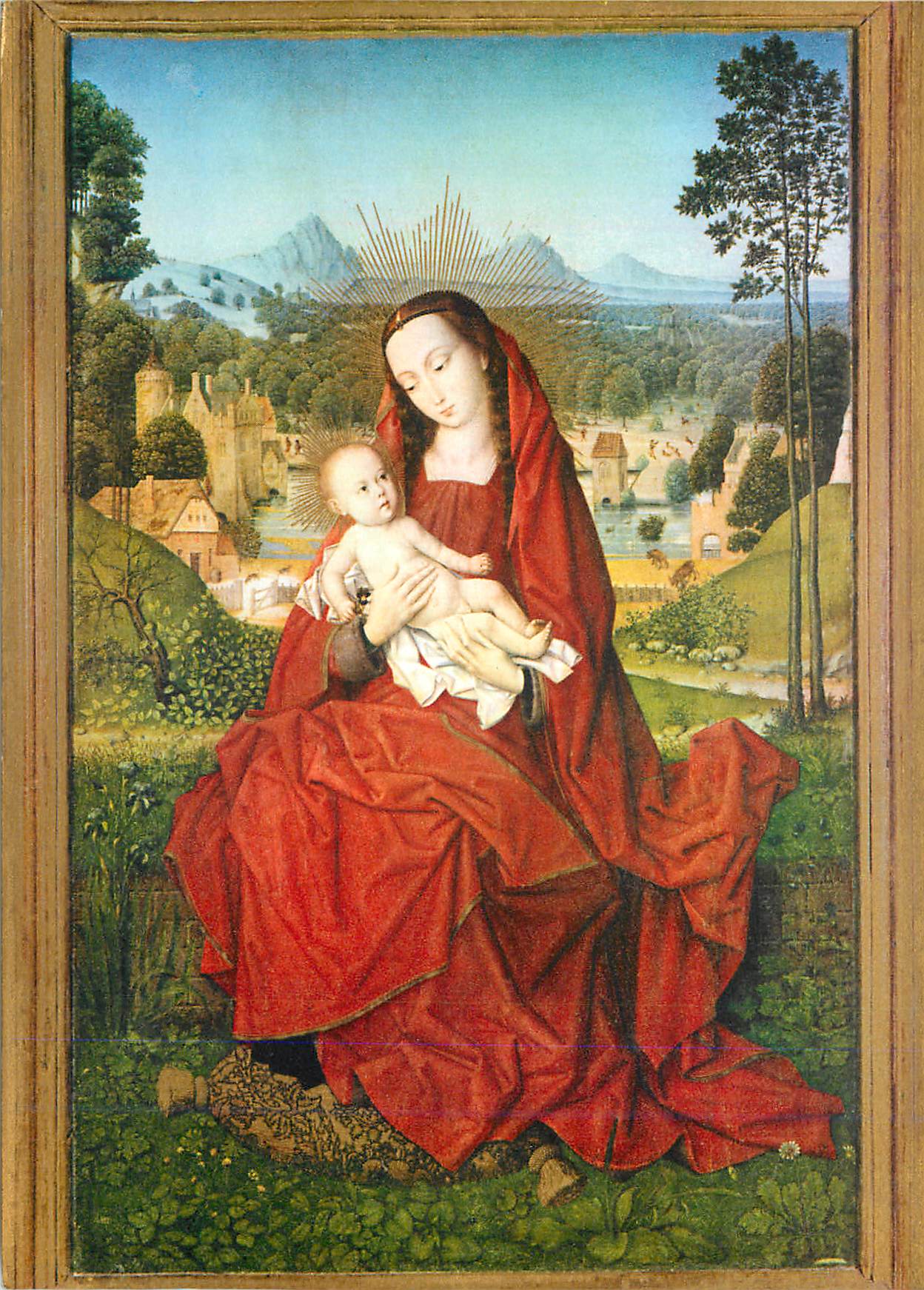 Vierge à l'Enfant — paysage avec château et montagnes — œuvre d'art