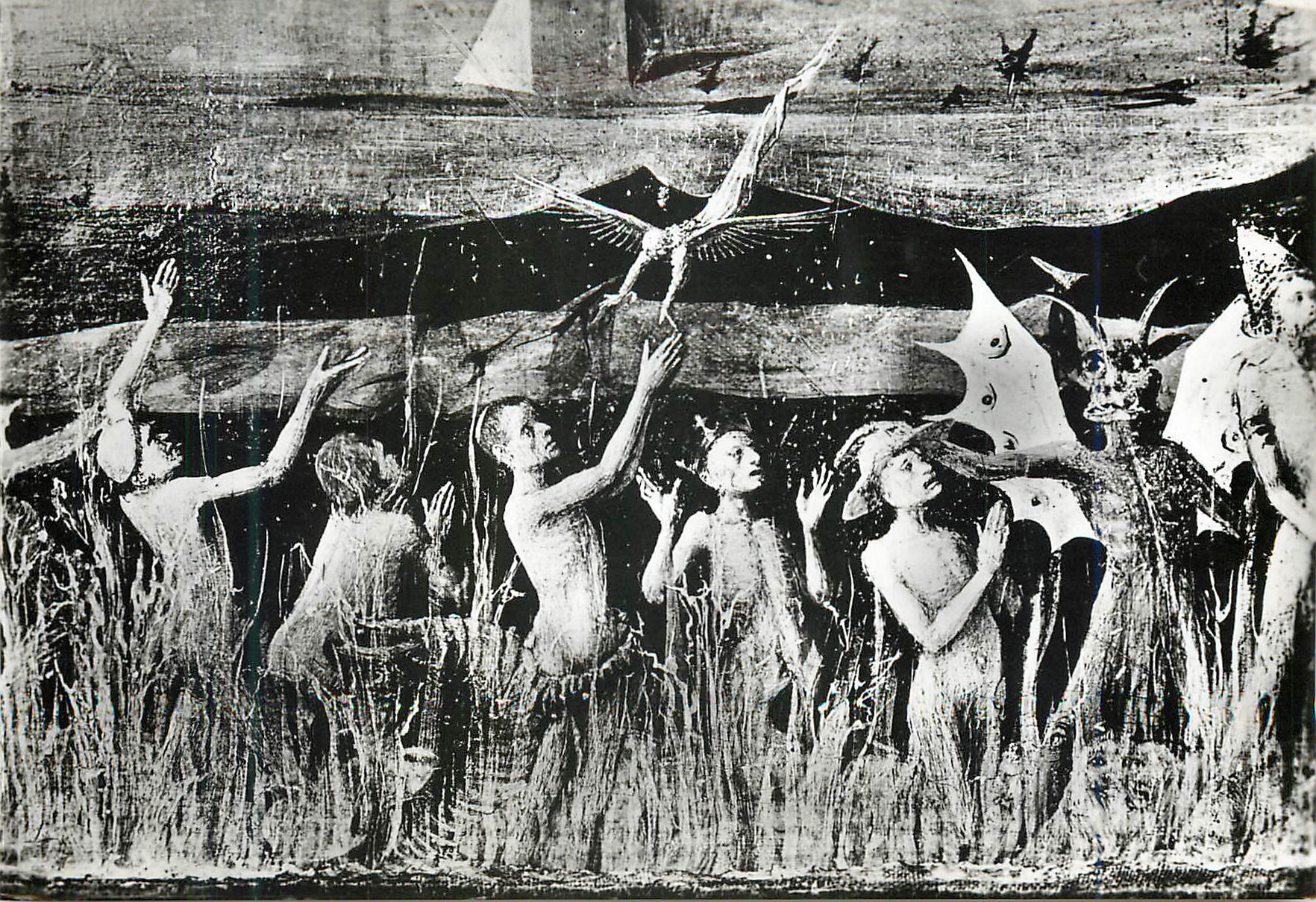 Scène de culte — figures humaines et fantastiques — gravure monochrome