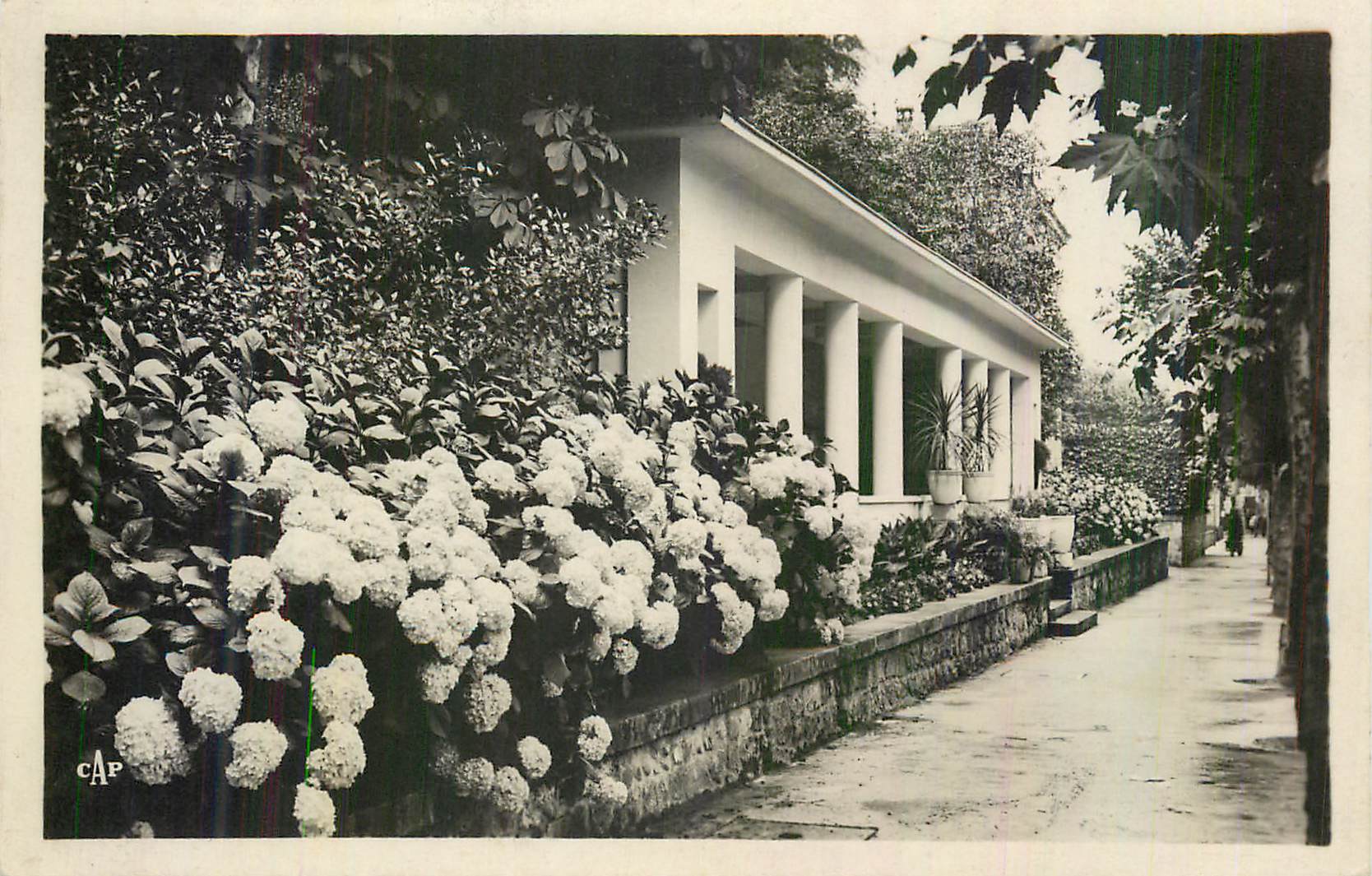 Jardin avec maison à colonnes — CPA CAP — n° de série non lisible
