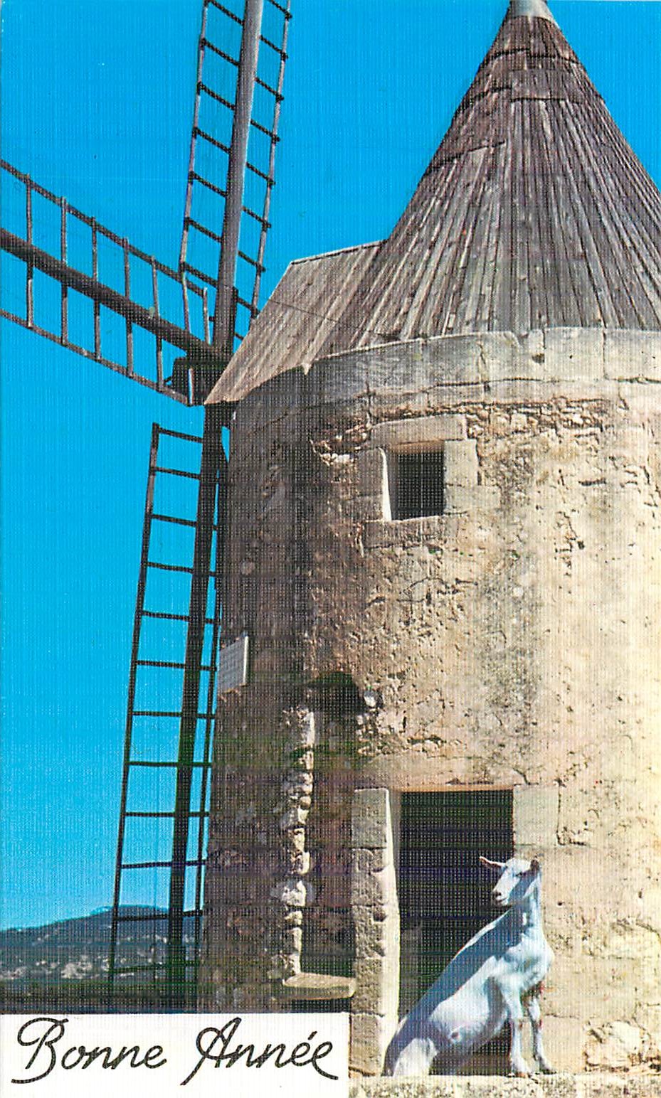 CPM Bonne Annee Moulin a vent Chevre Goat