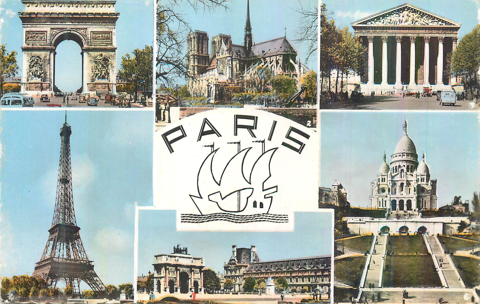 CPM Paris Arc de Triomphe Notre Dame La Madeleine La Tour Eiffel Les Jardins du Louvre Le Sacre Coeur