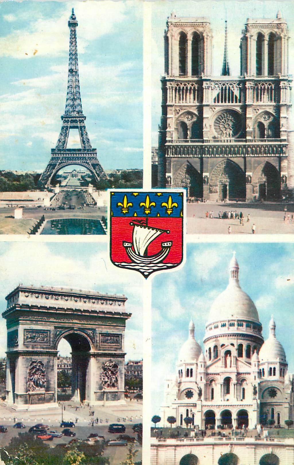 CPM Paris La Tour Eiffel Notre Dame Arc de Triomphe Sacre Coeur