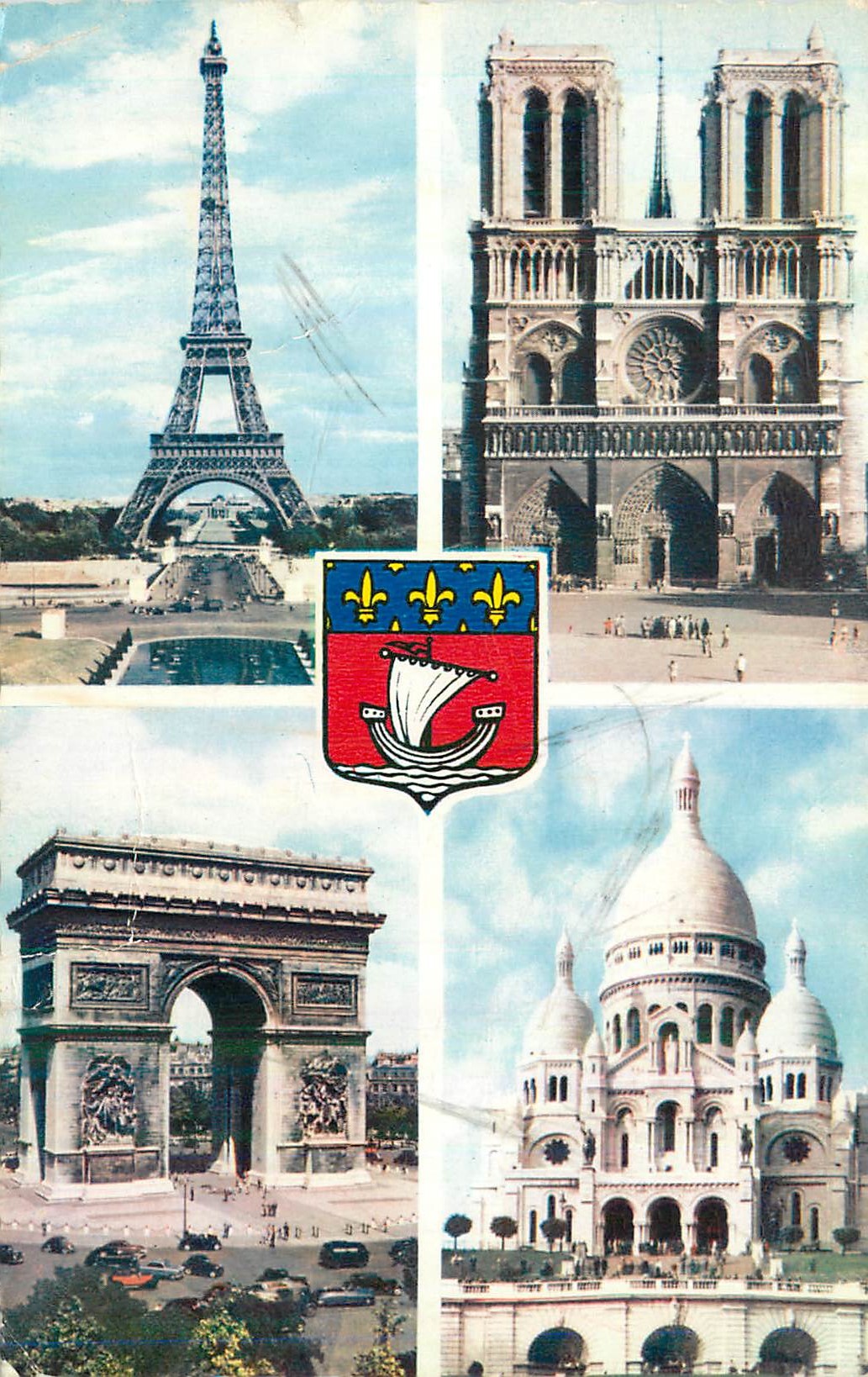 CPM Paris La tour Eiffel Notre Dame Arc de Triomphe Sacre Coeur