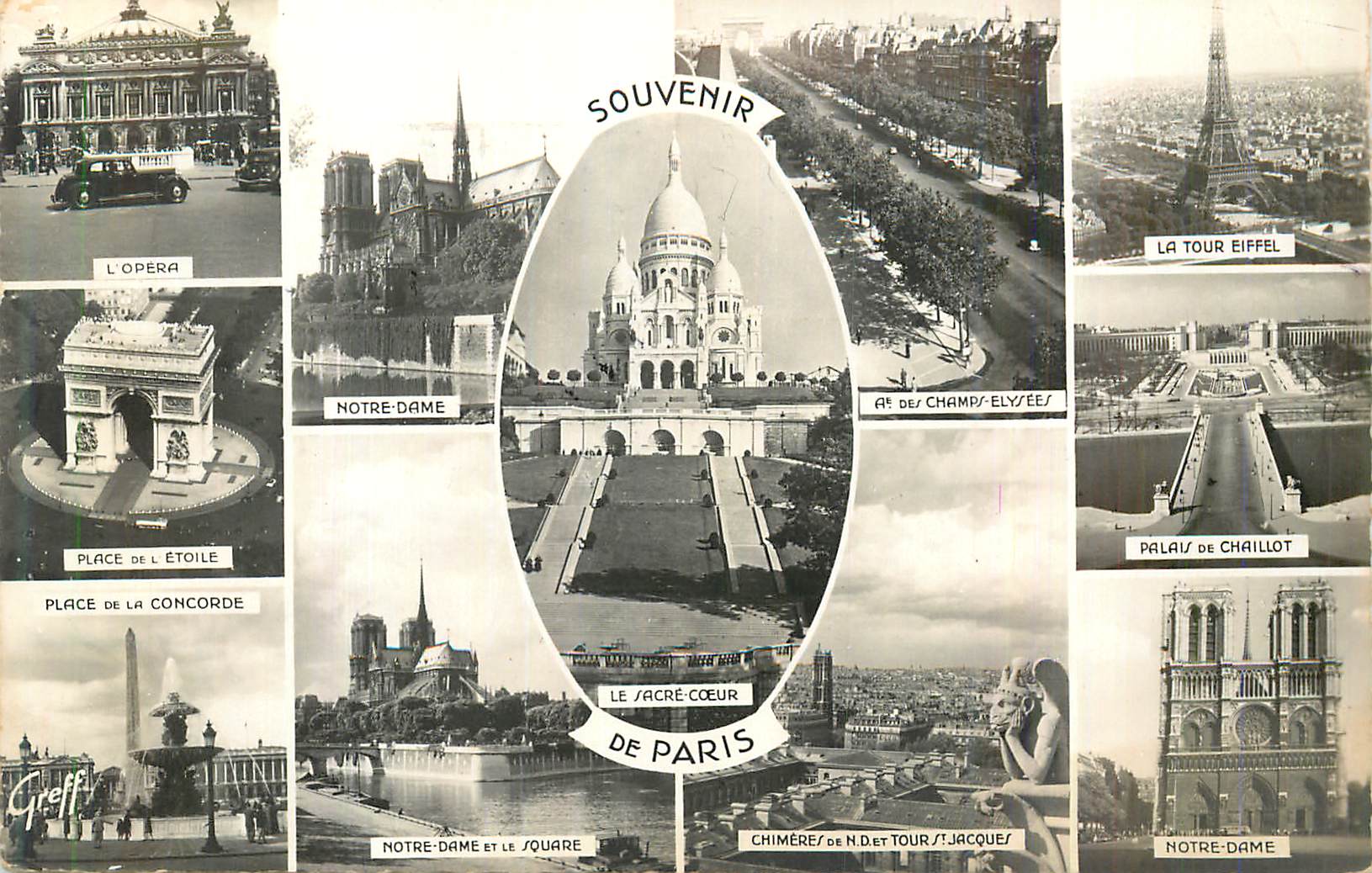 CPM Souvenir de Paris Tour Eiffel Notre Dame Place de l'Etoile Place de la Concorde