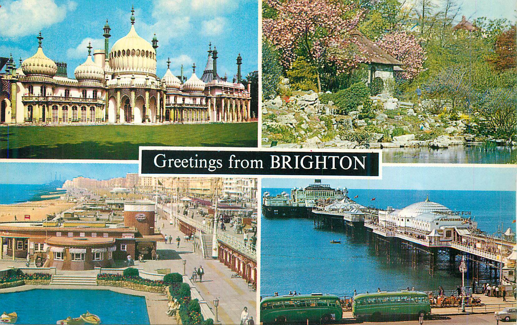 CPM Greetings from Brighton The Royal Parilion The Rochery Preston Park The palace Pier The Boating Pool