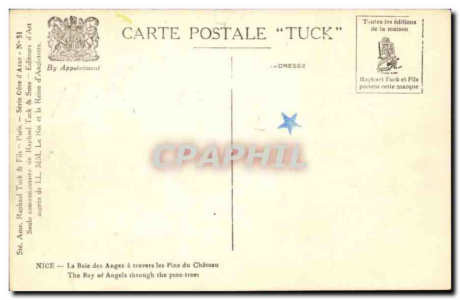 Nice CPA La baie des anges a travers les pins du chateau — Rückseite