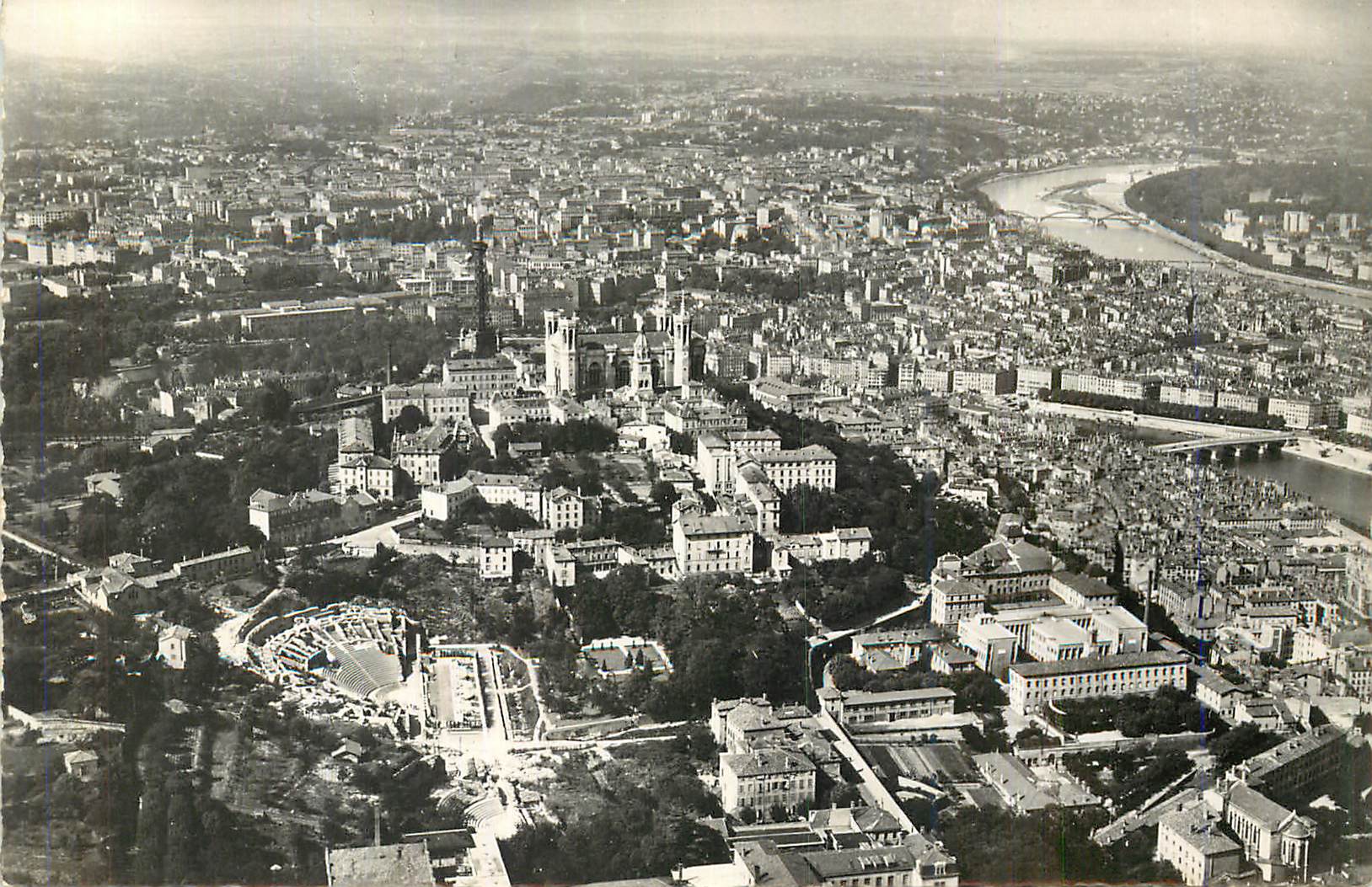 CPM Lyon Le Theatre Romain et la Colline de Fourviere puis la Soane et le Rhone 