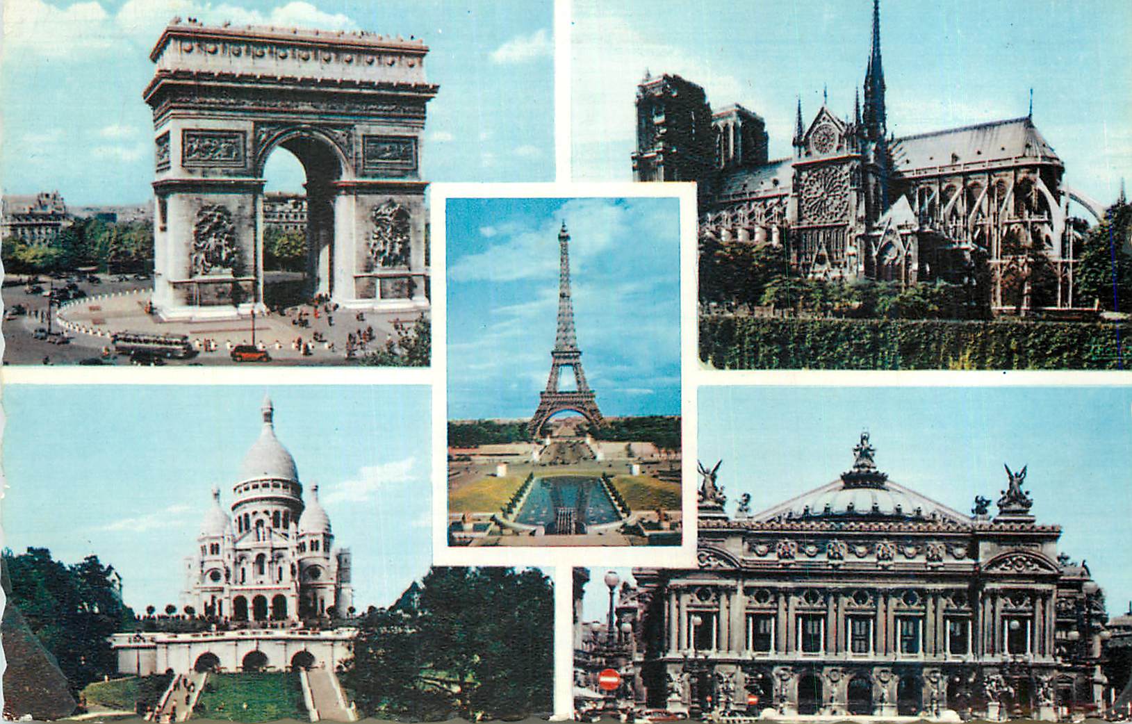 CPM Paris Arc de Triomphe Notre Dame Tour Eiffel Sacre Coeur Opera 