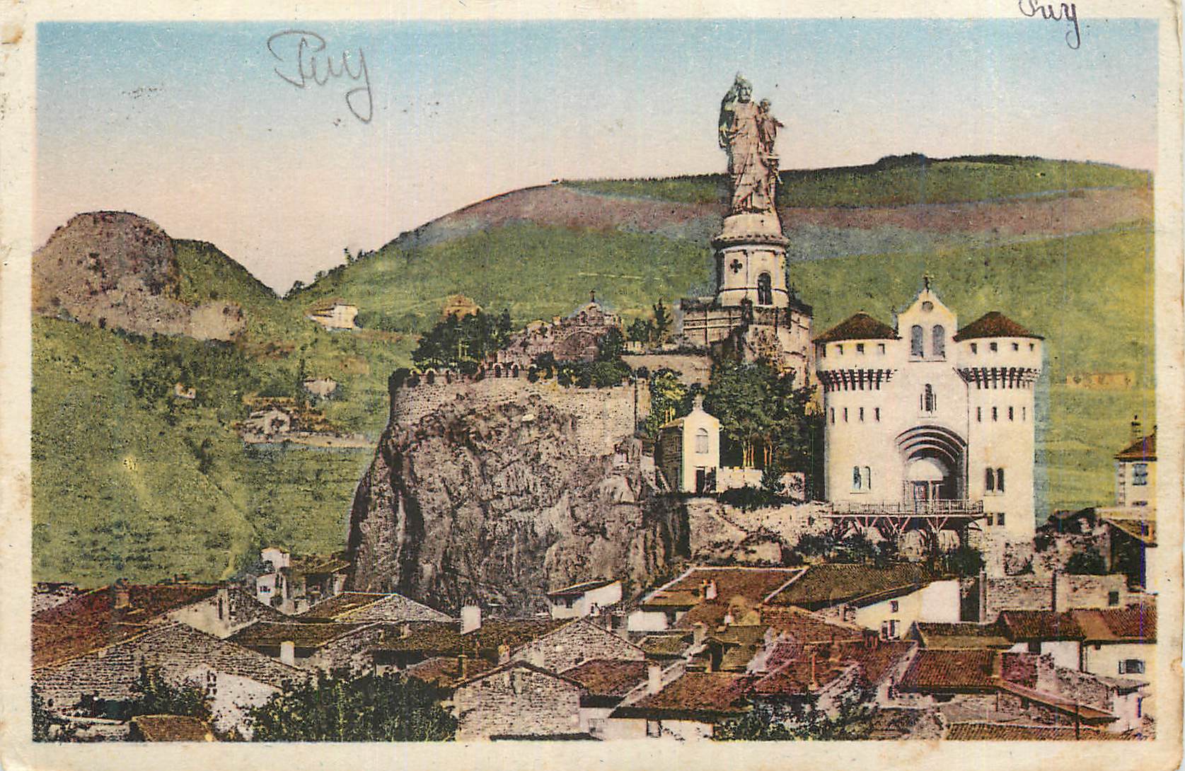 Puy-en-Velay — statue de la Vierge et église sur rocher — éditeur inconnu
