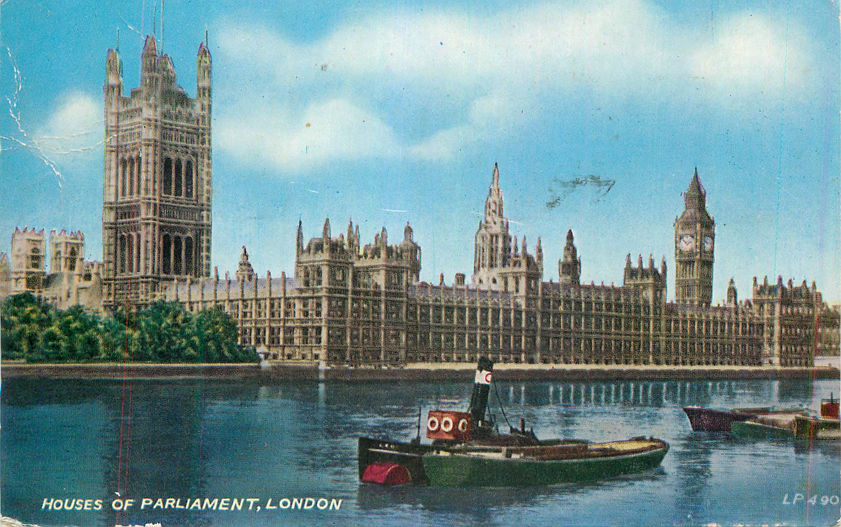 Houses of Parliament, London — view from the bank of the Thames with Big Ben — publisher LP, series number LP490