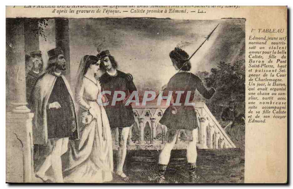 La Pâle de l'Andelle — Scène du Deux Amants (près Pont-Saint-Pierre, 1866) — d'après les gravures de l'époque — Caliste promise à Edmond — Lévy