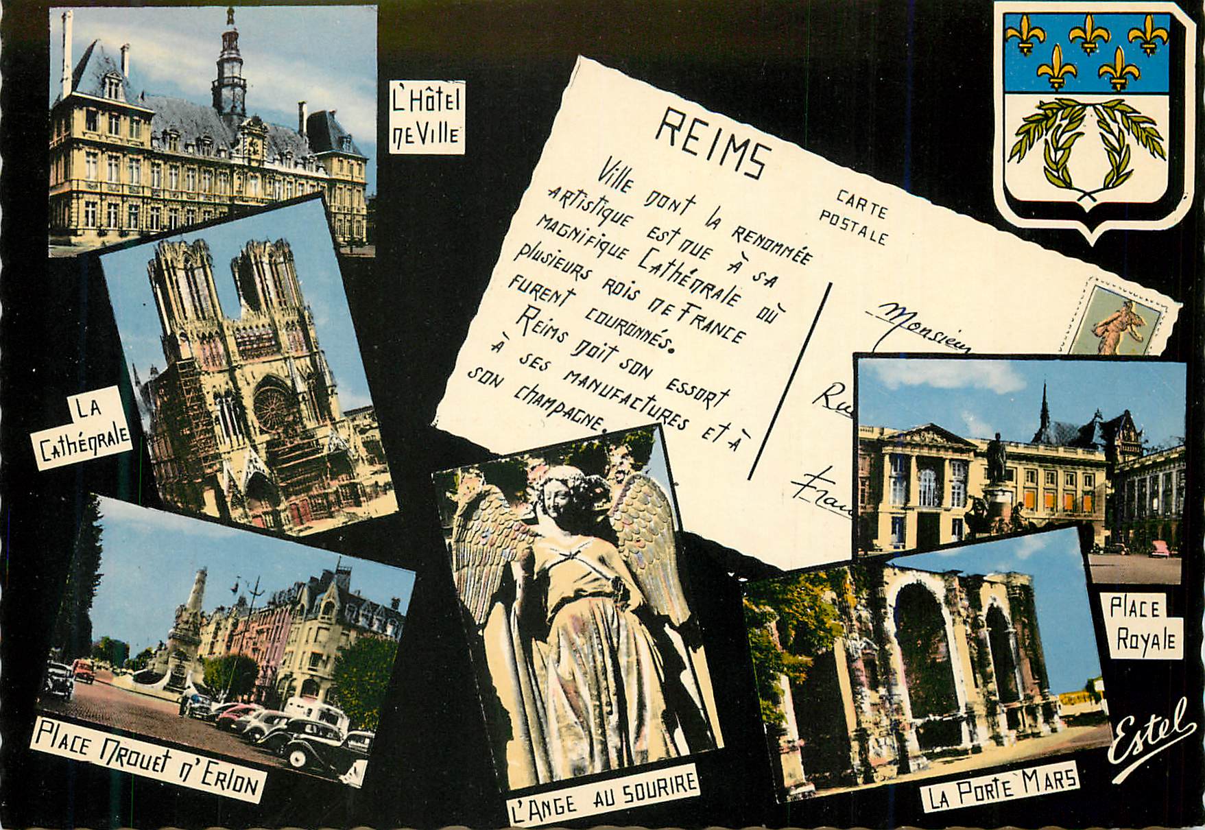 CPM Souvenirs de reims (marne) L'hotel de ville La cathedrale Place Drouet d'Erlon L'ange au sourire Place Royale La por
