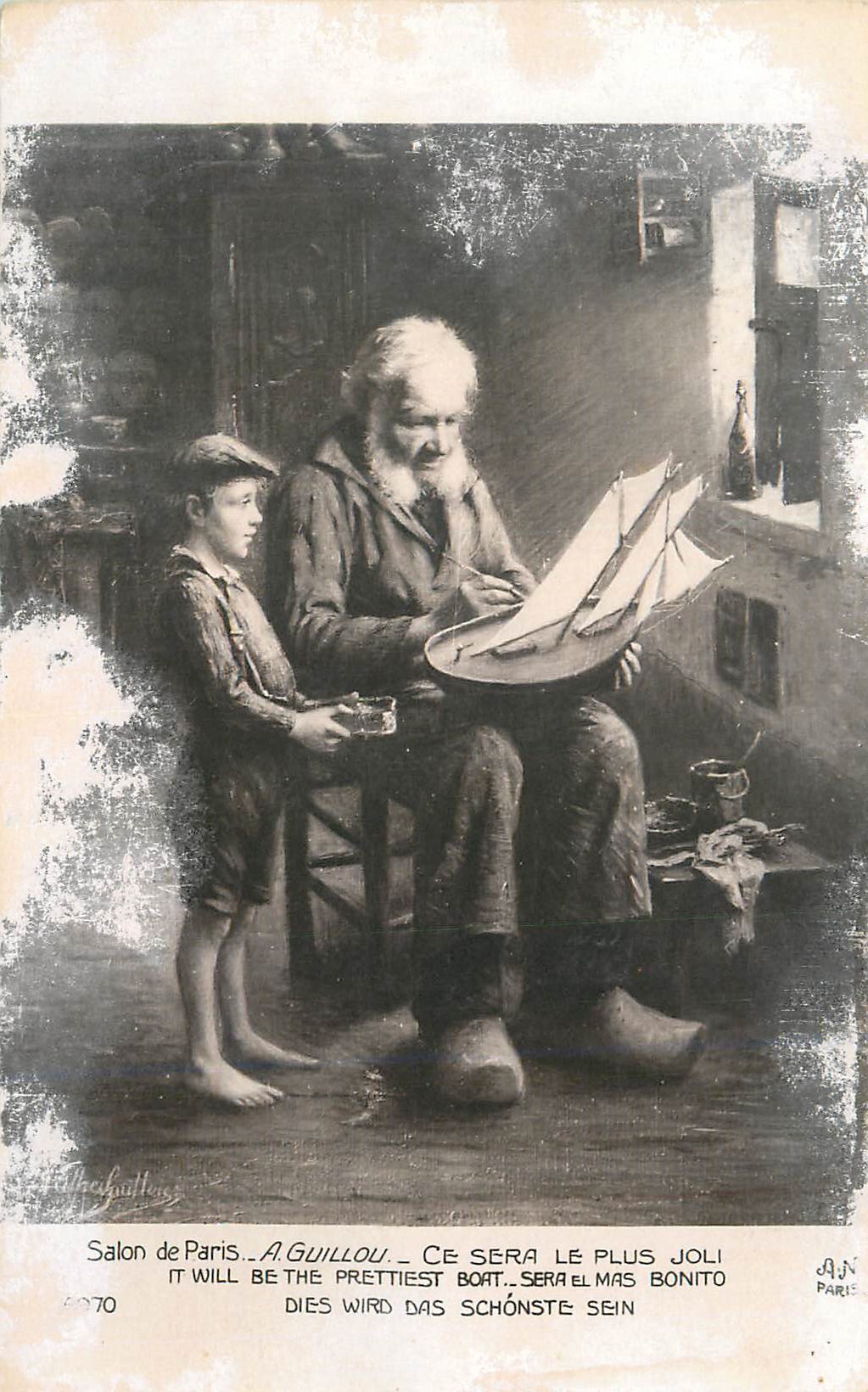 Un vieil homme et un enfant avec un modèle de bateau — Salon de Paris — A. Guillo — n°70