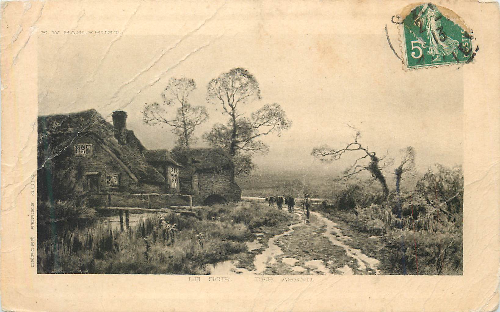 Paysage rural avec maison en tuiles — E. W. Haslehurst — éditeur non visible