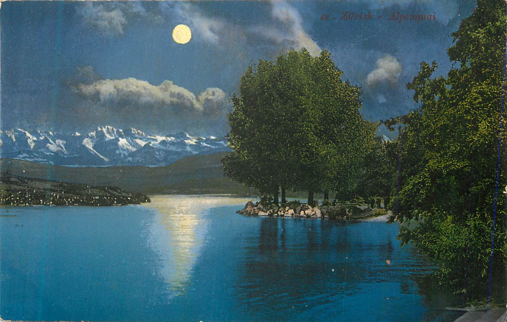Lac Zurich - Alpenguai — vue nocturne sous la lune, éditeur inconnu, n° de série 62