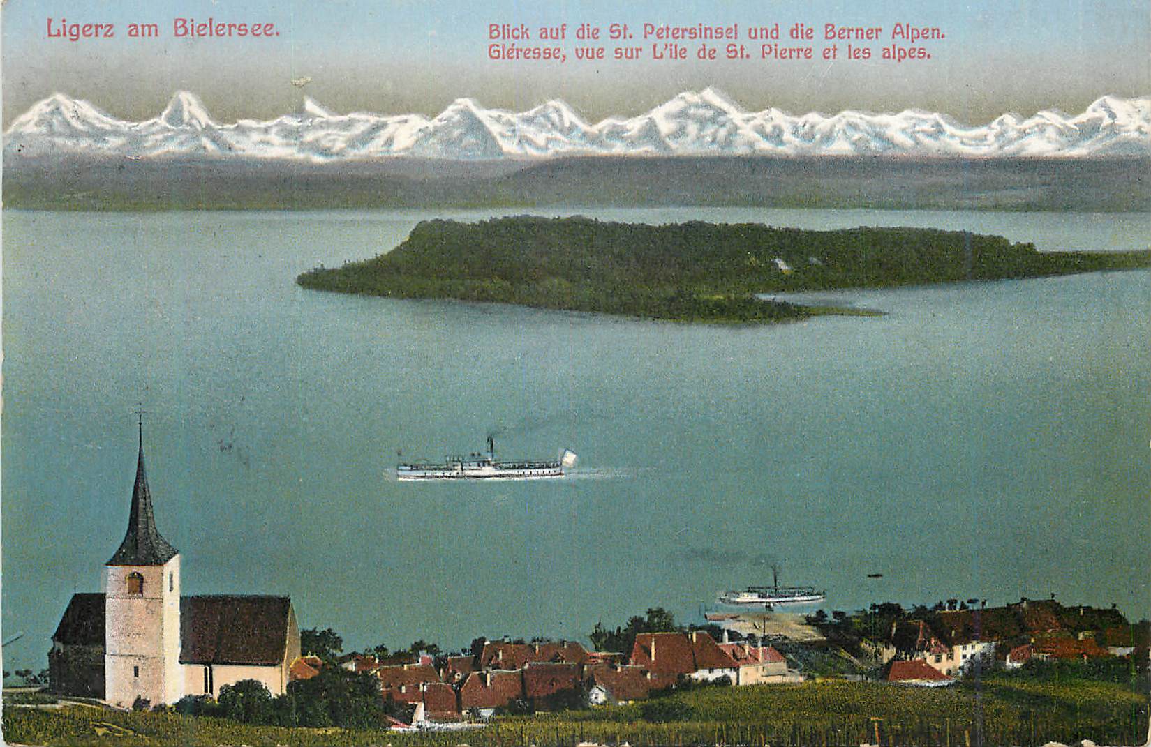 CPA Ligerz am Bielersee Blick auf die St Petersinsel und die Berner Alpen