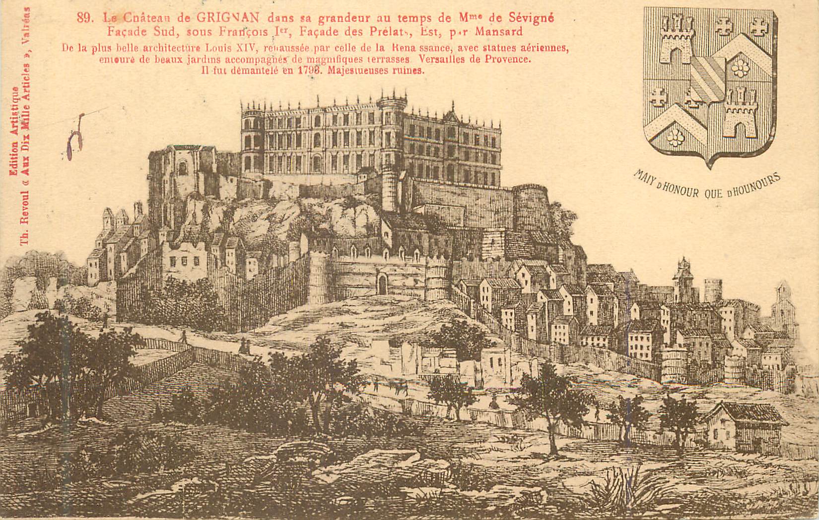 Château de Grignan — vue de la façade sud sous Louis XIV — éditeur Artistique Valdés, n°89