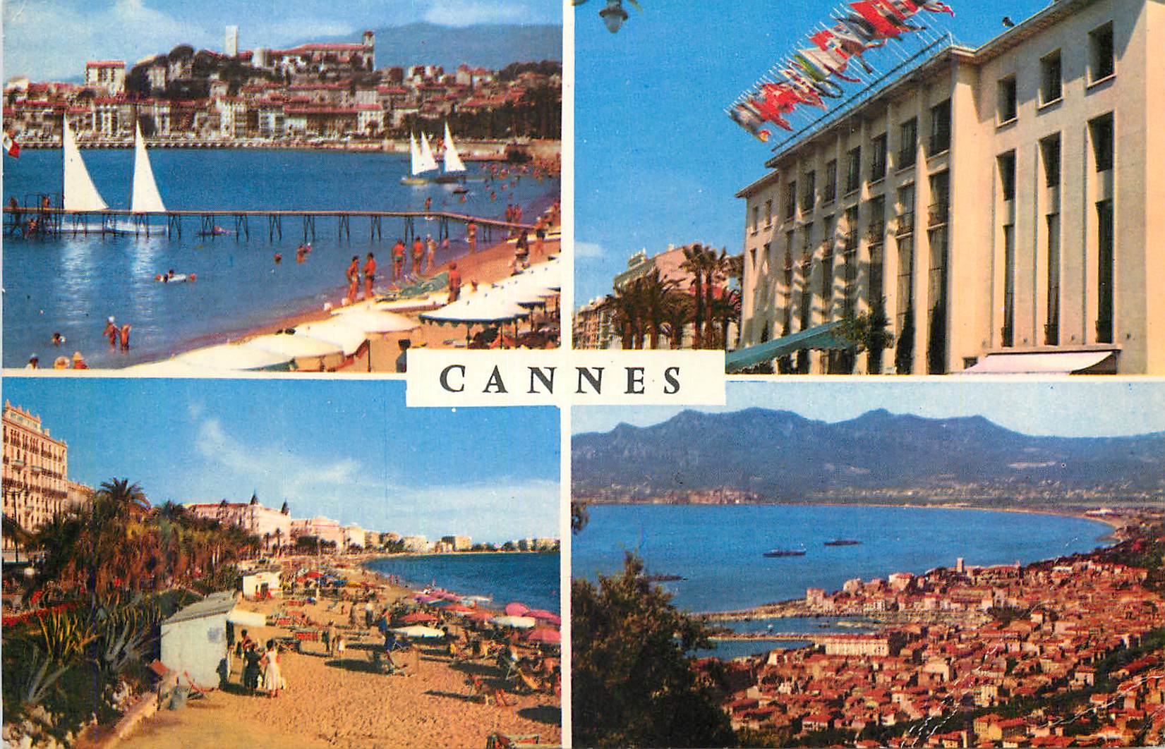 CPM La Cote d Azur Cannes Un coin de la Plage Le Palais des festivals Plage et la Croisette Vue generale