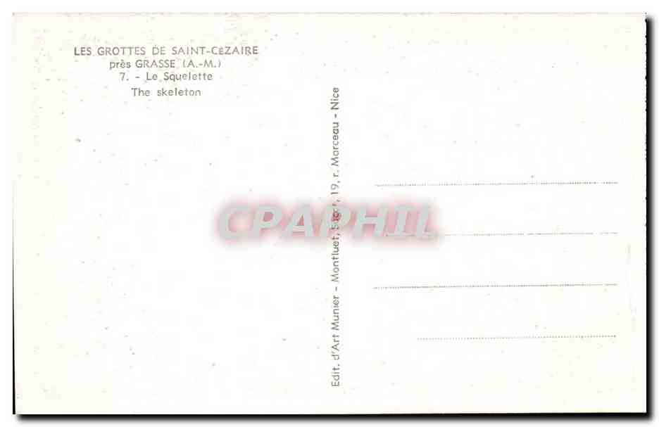 CPA GRottes de Saint Cezaire pres Grasse le squelette — Verso
