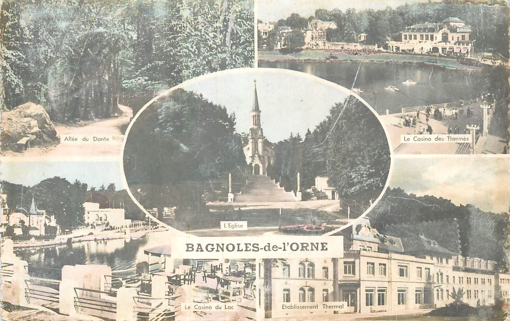 Bagnoles-de-l'Orne — Vista panoramica con il Casinò del Lago, la Chiesa, il Casinò dei Bagni e l'Edificio Termale — editore non visibile