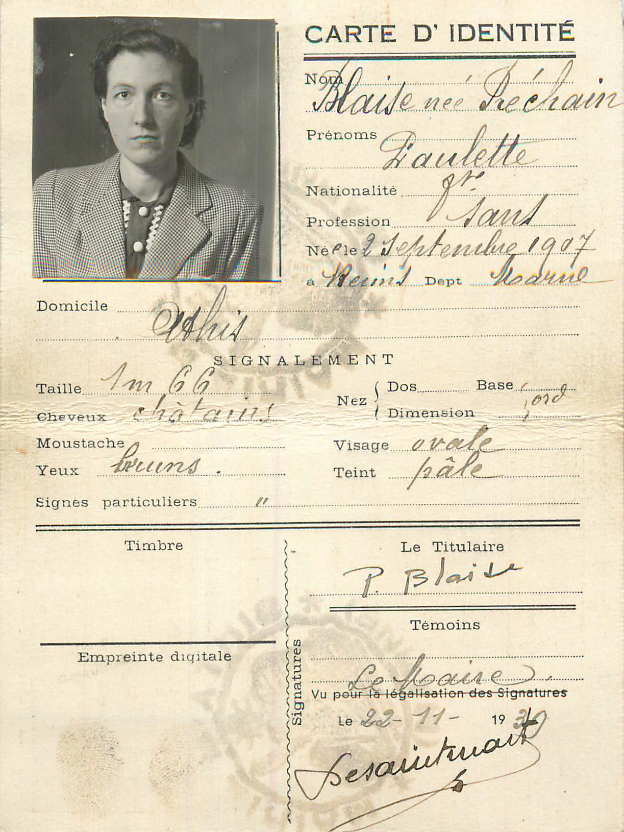 Carte d'Identite Paulette Blaise  Prechain Reims 