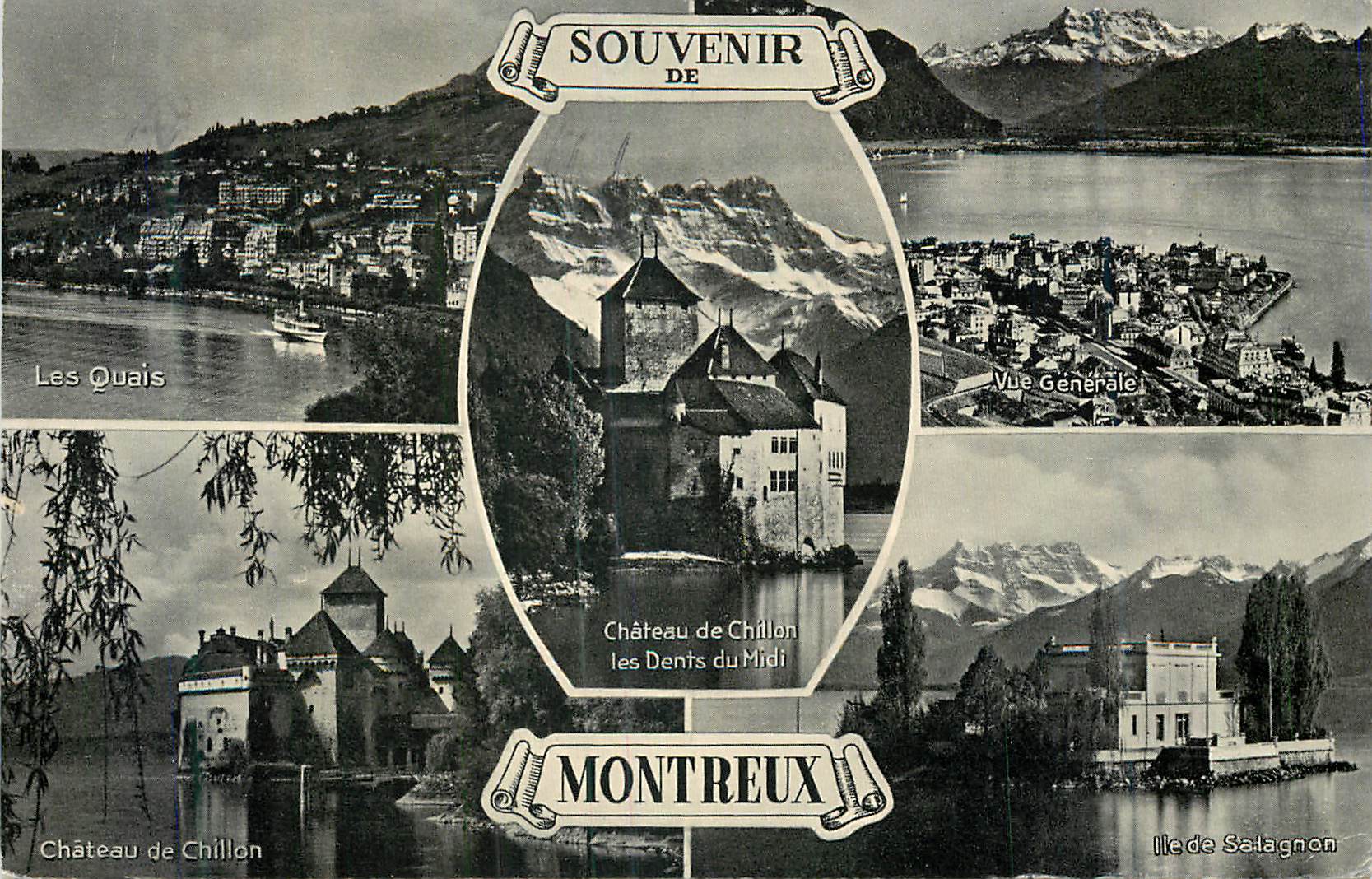 CPM Souvenir de Montreux Les Quais Vue generale Chateau de Chillon les Dents du Midi Ile de Salagnon