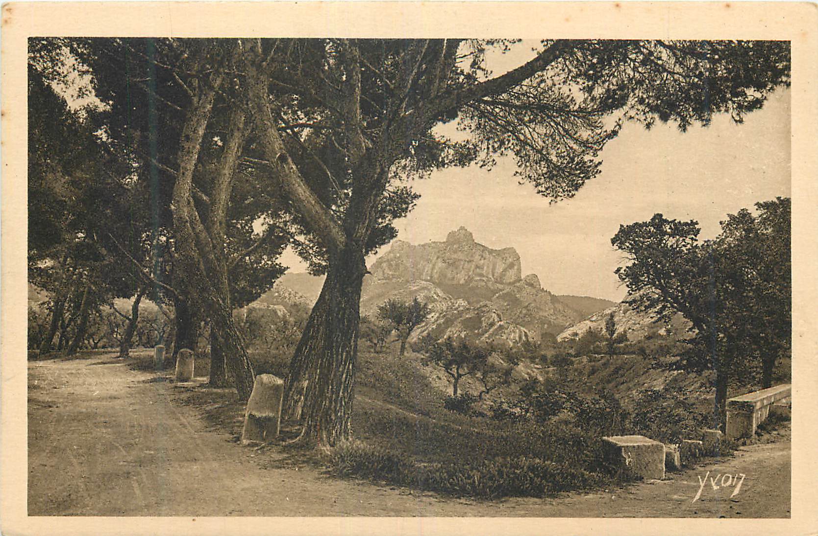 Vue de montagnes rocheuses — chemin bordé d'arbres — Yvcon, n°17