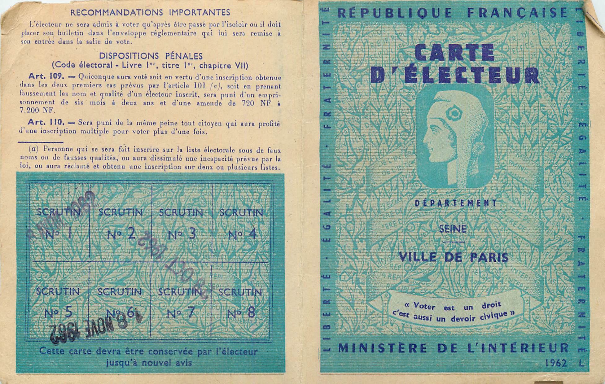 CPA Republique Francais Carte d Electeur Departement Seine Ville de Paris Paulette Marcelle Jeannot Rue Le Marois Paris