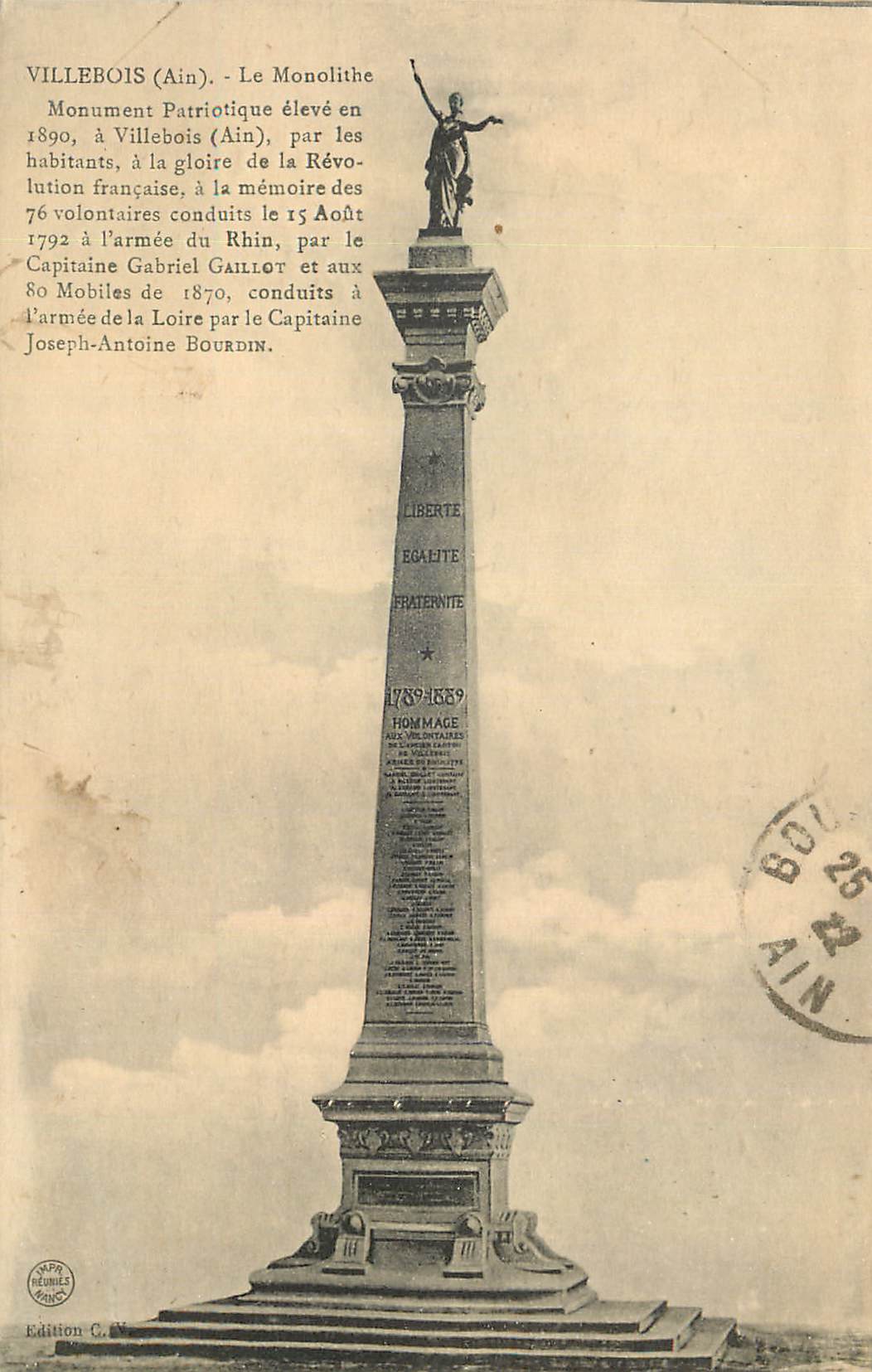 CPA Villebois Ain Le Monolithe Monument Patriotique eleve en