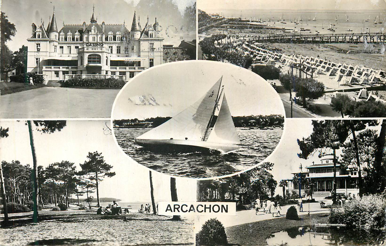 CPM Arcachon Casino de la Plage Plage et Jetee Thiers Regate Pilat Plage Casino Mauresque