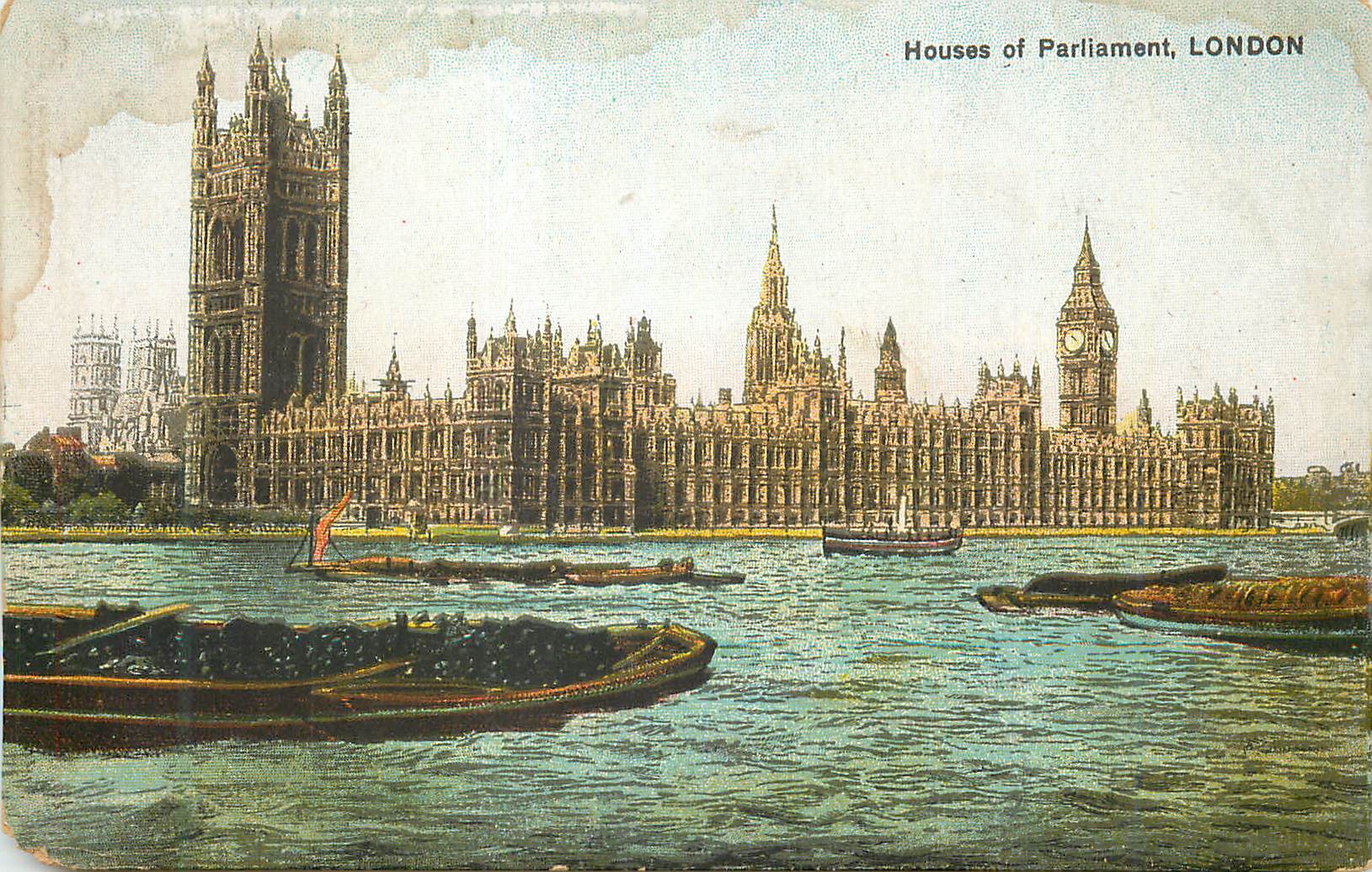 Houses of Parliament, LONDON — vue du fleuve avec bateaux — carte postale colorisée