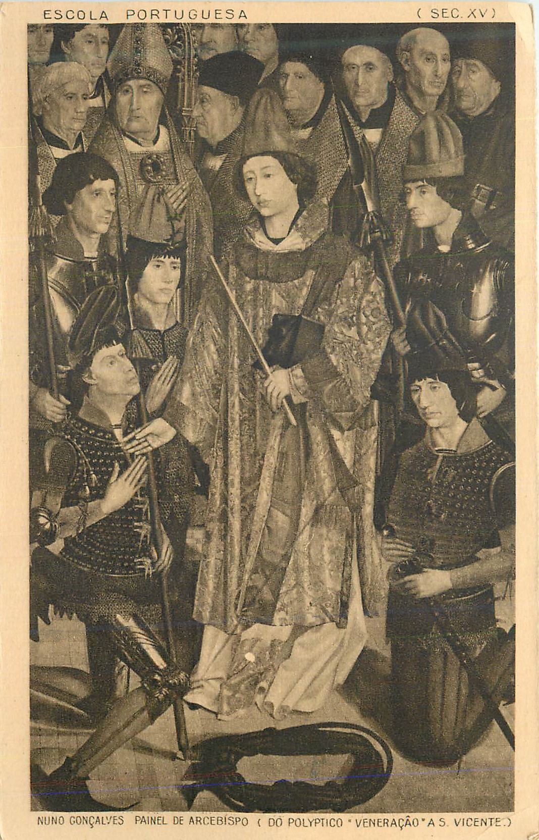CPA Escola Portuguesa Nuni Gondalves Panel de Arcebispo do Polyptico Veneracao as Vicente