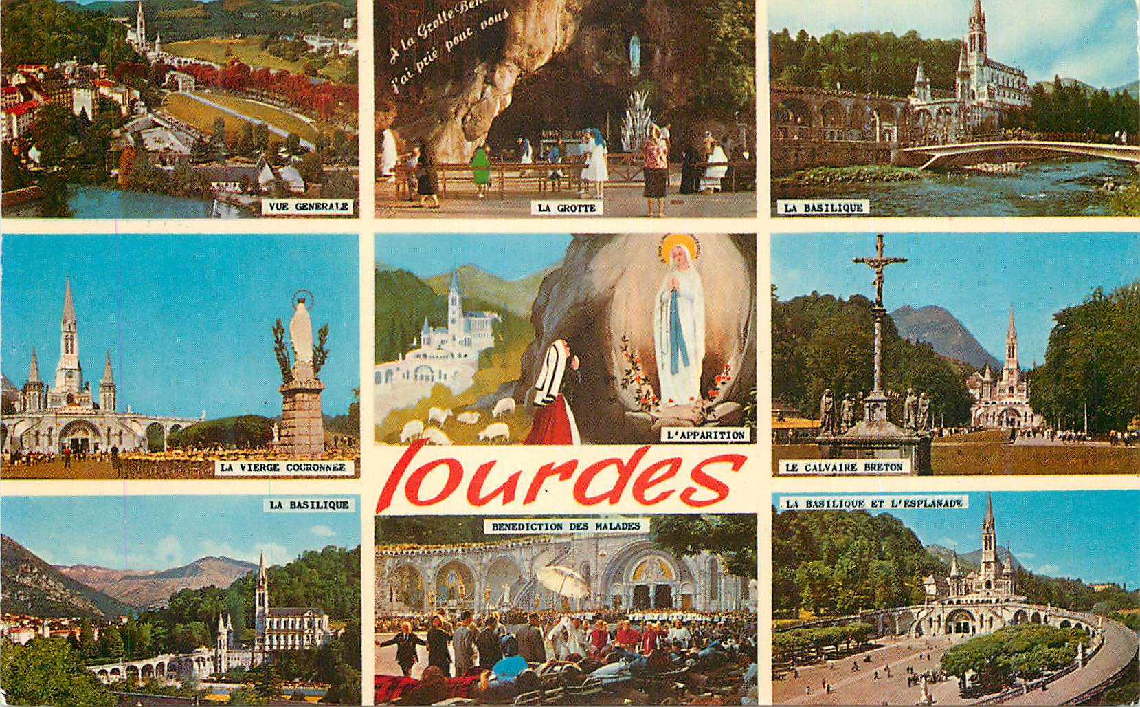 CPM Lourdes Hautes Pyrenees Vue generale La grotte La basilique La vierge couronnee Le calvaire breton