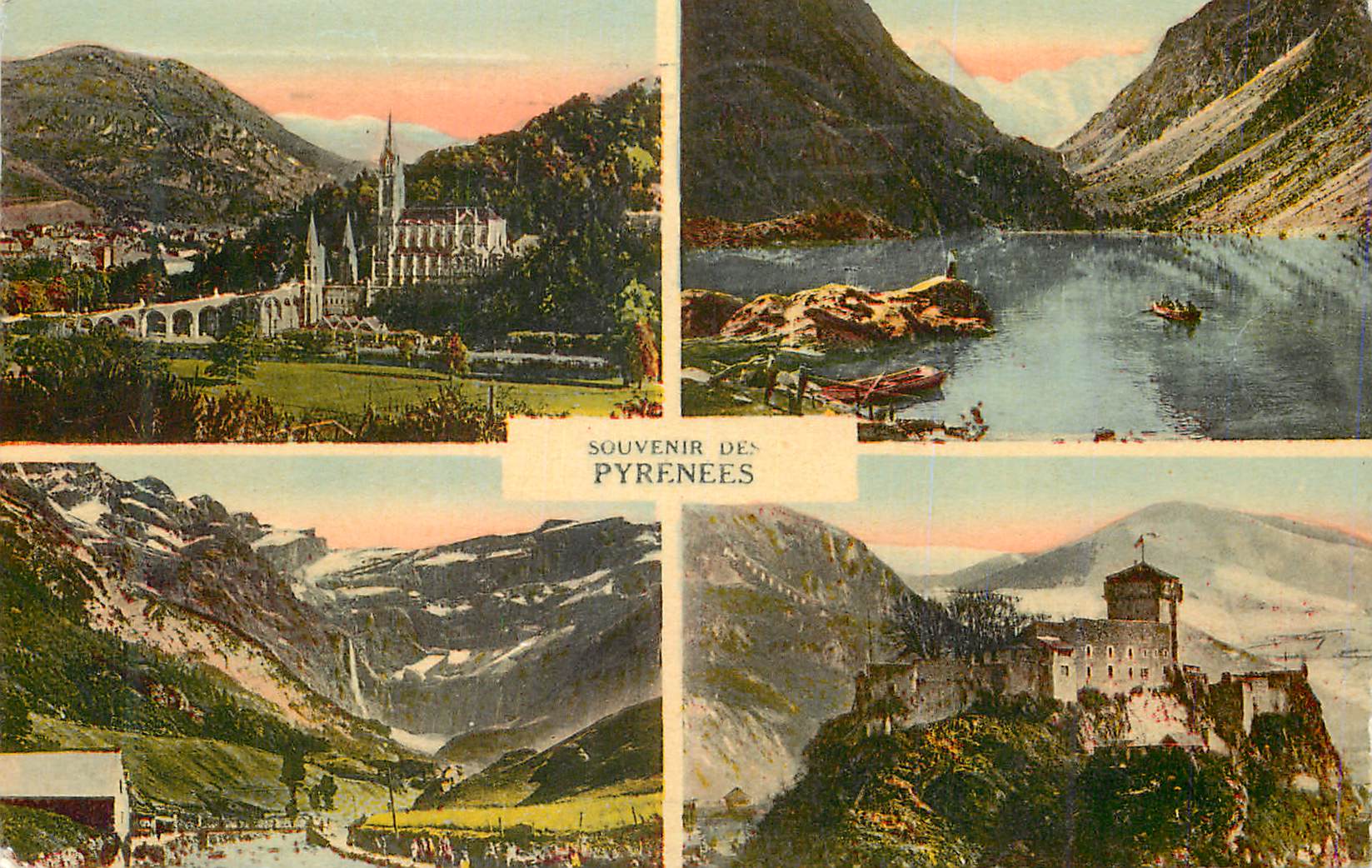 CPM Souvenir de Pyrenees Lourdes La Basilique et le Pic du Jer Cauterets Le Lac de Gaube Gavarne Le Cirque et le Gave Lo