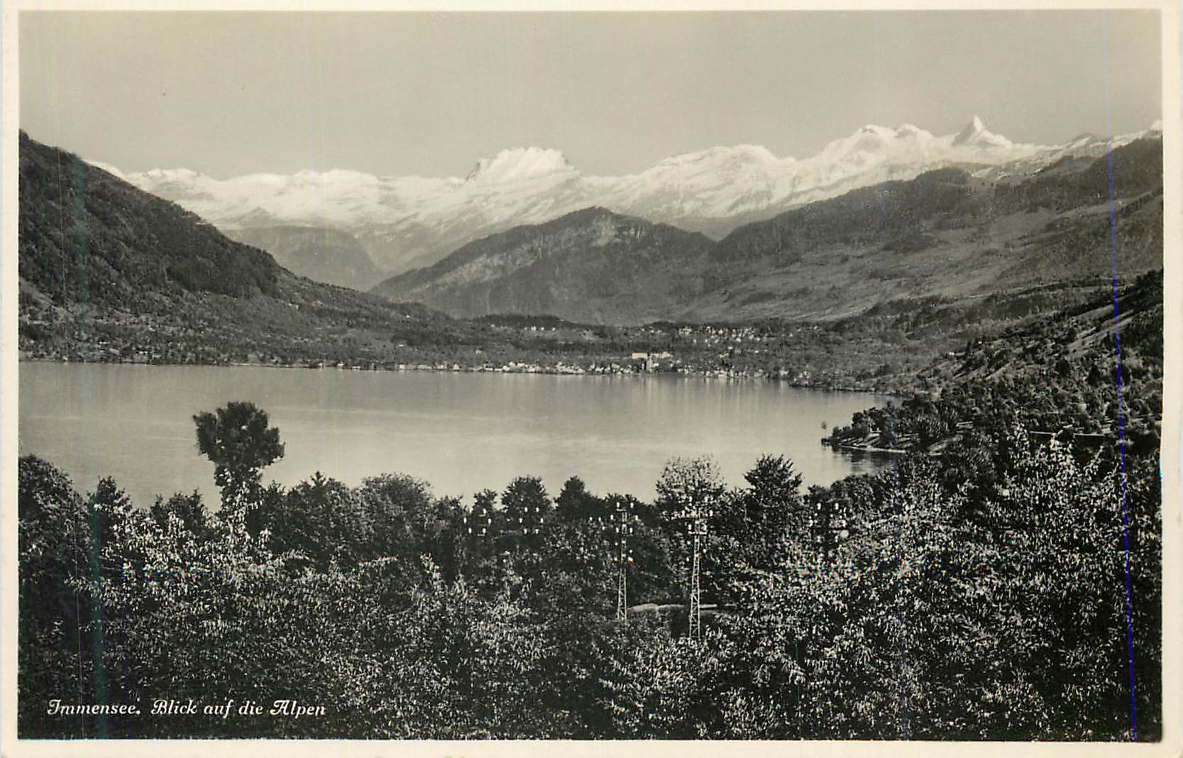 Immensee, Blick auf die Alpen — vue panoramique sur le lac et les montagnes enneigées - Recto
