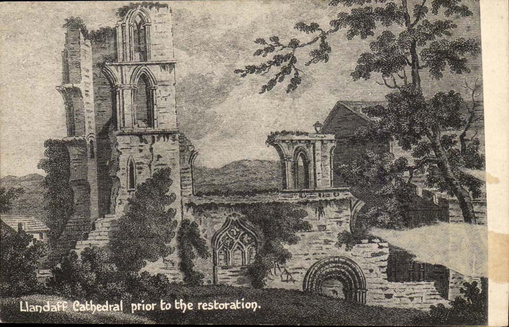 Llandaff Cathedral — ruines avant la restauration — M. C. Wood, Stationer & Newsagent, Llandaff